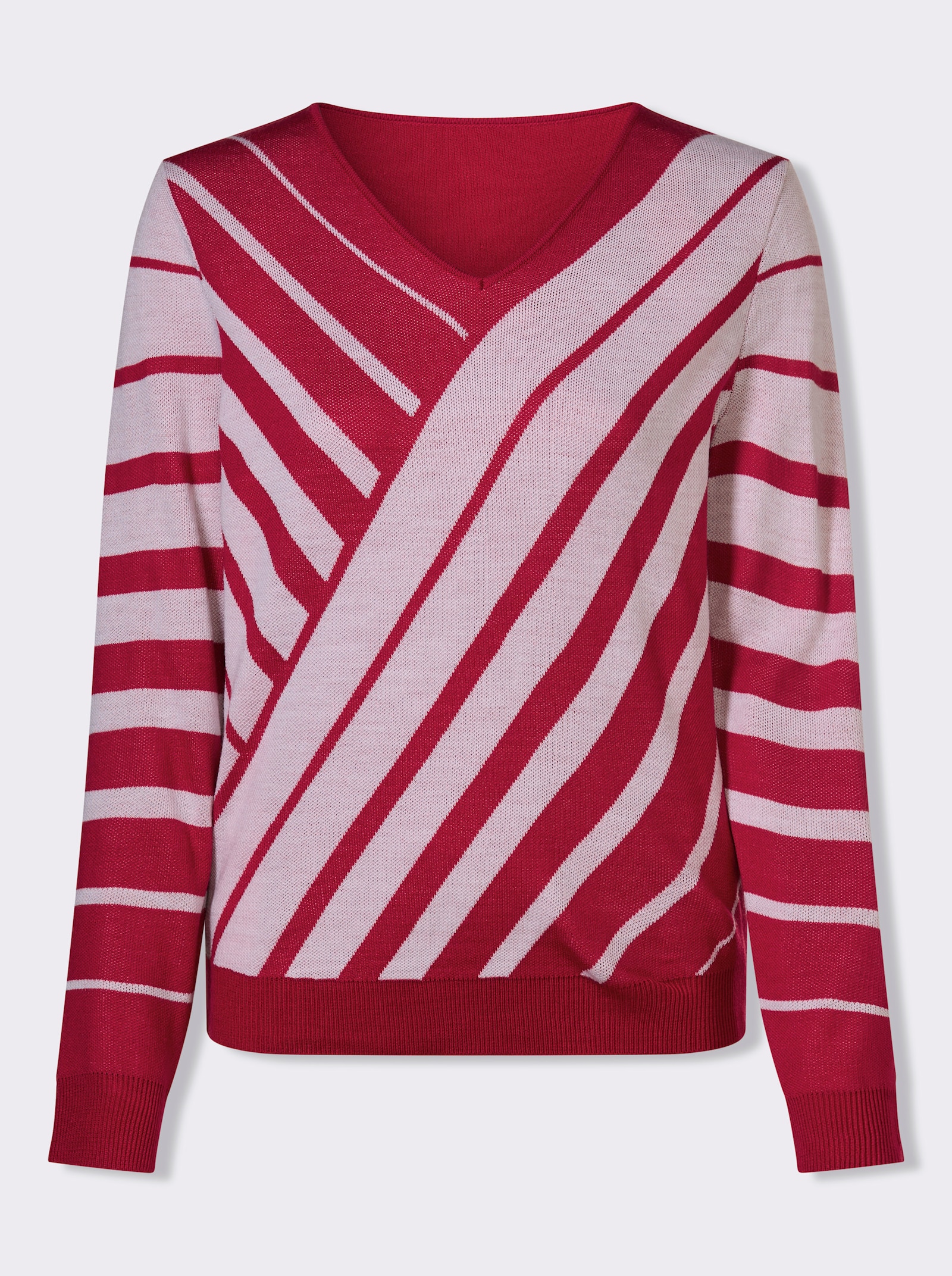 V-Ausschnitt-Pullover mit Streifen-Muster - rot-weiß-gemustert
