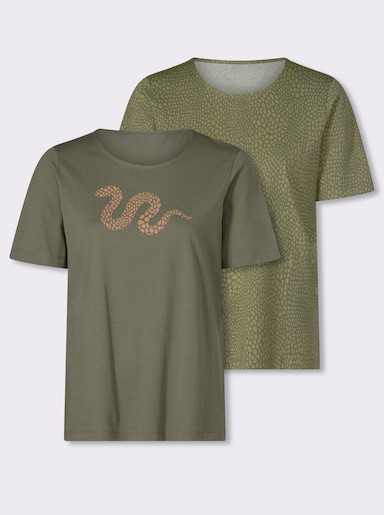 Shirts (2 stuks) - kaki + kaki/rietgroen bedrukt
