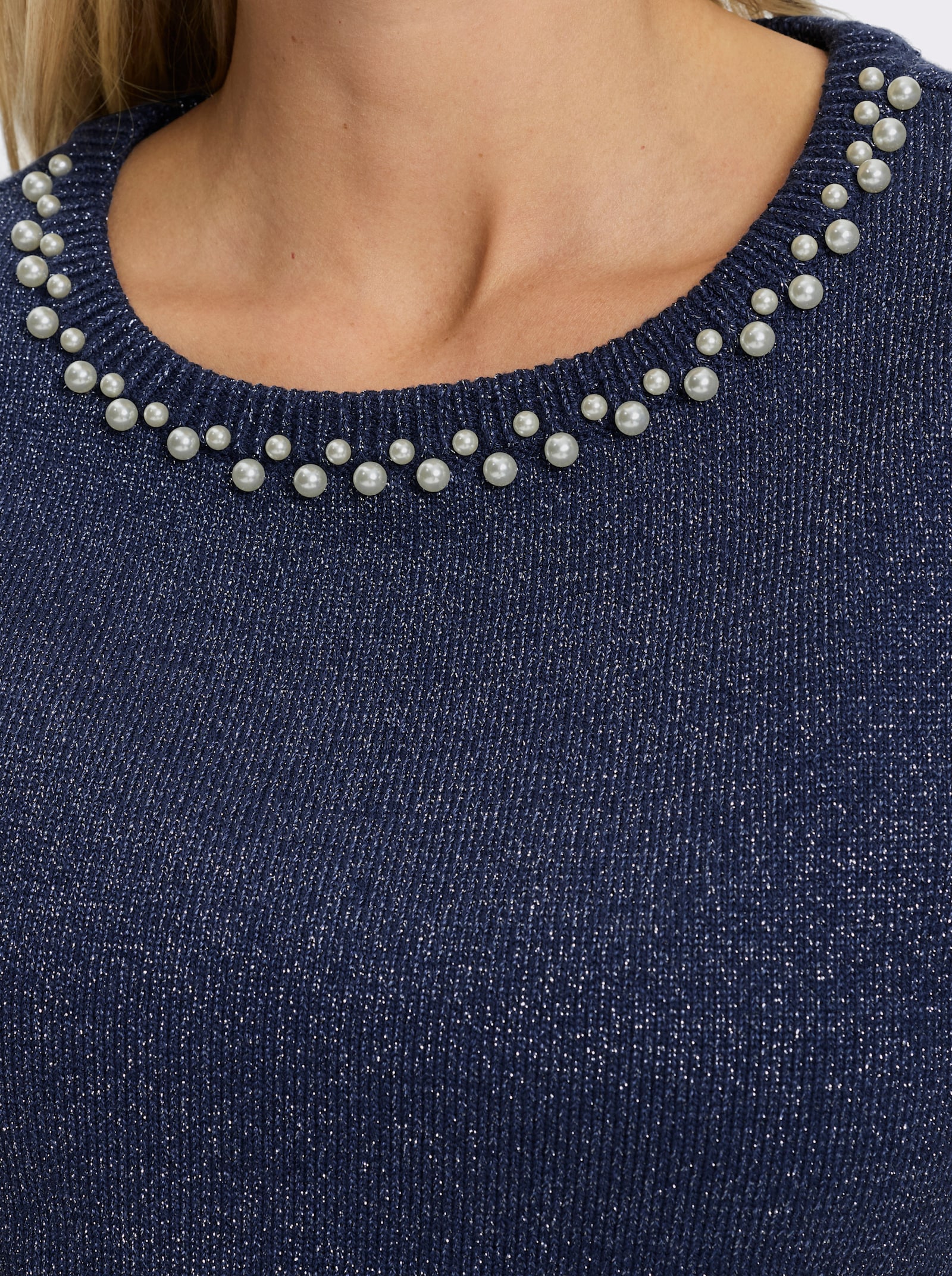 heine Kurzarmpullover mit Zierperlen Applikation - dunkelblau