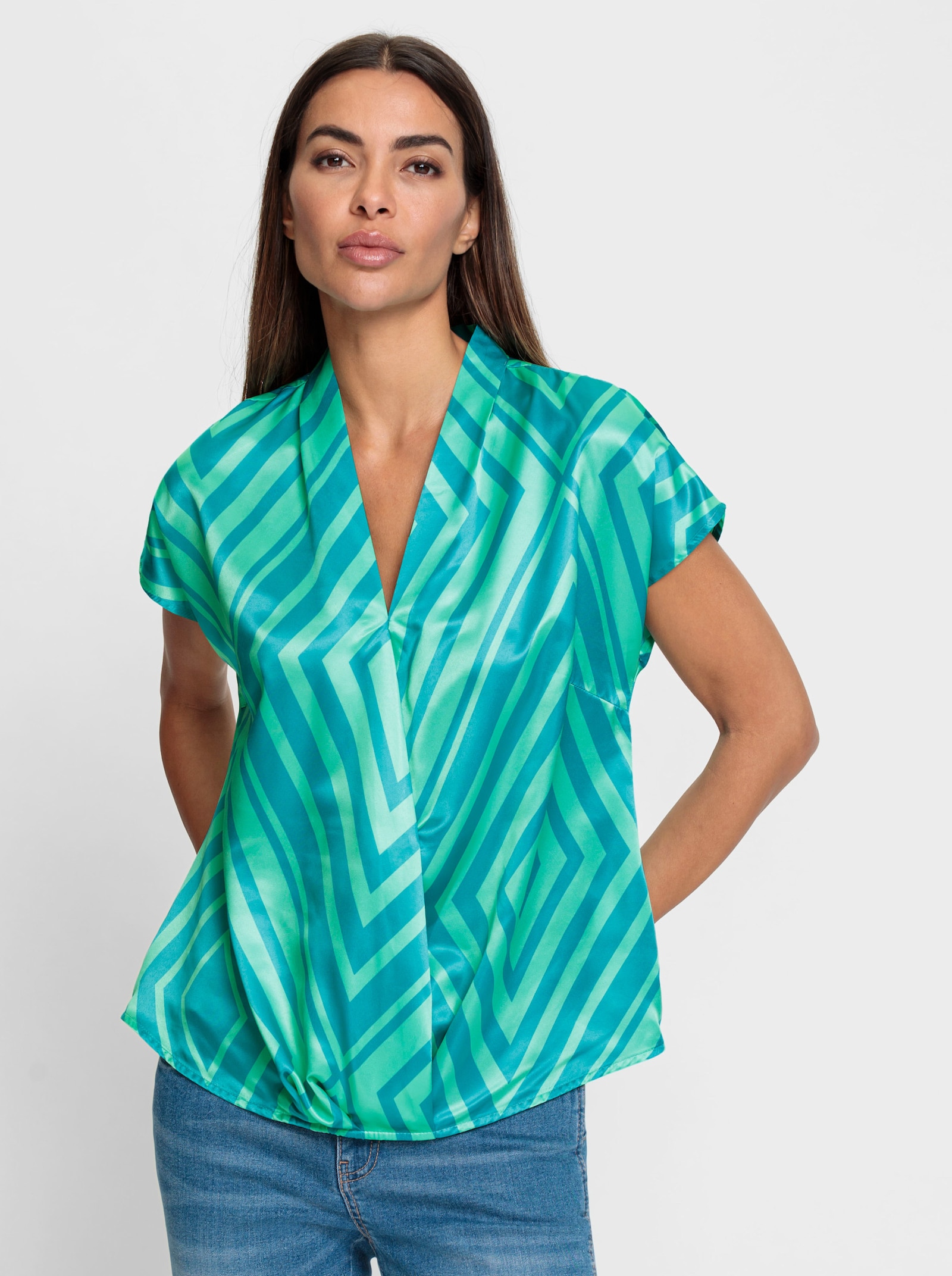 heine Druckbluse aus Satin - türkis-blaugrün-bedruckt