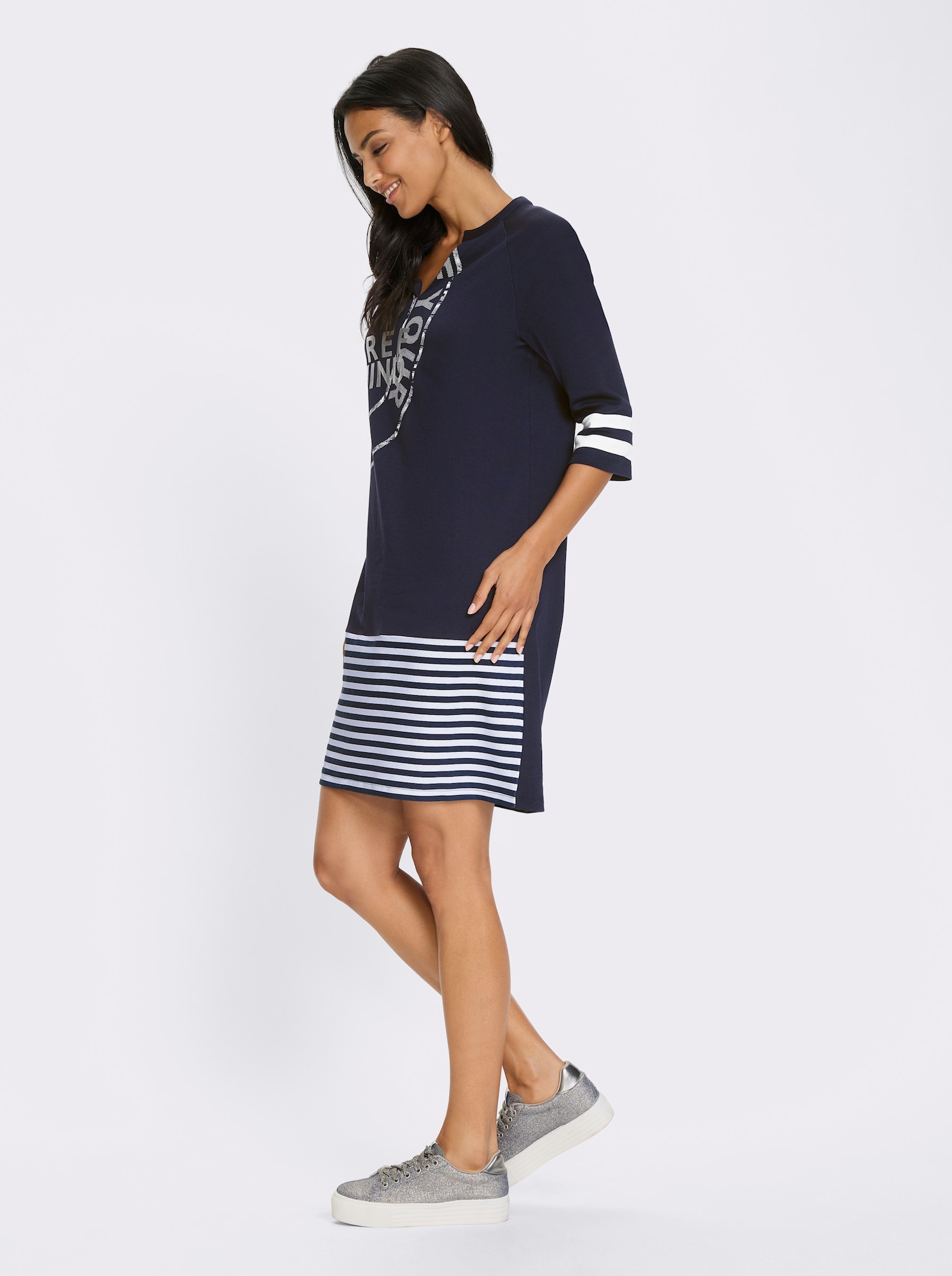 Mikinové šaty s proužkovaným potiskem - námořnická modrá-bílá
