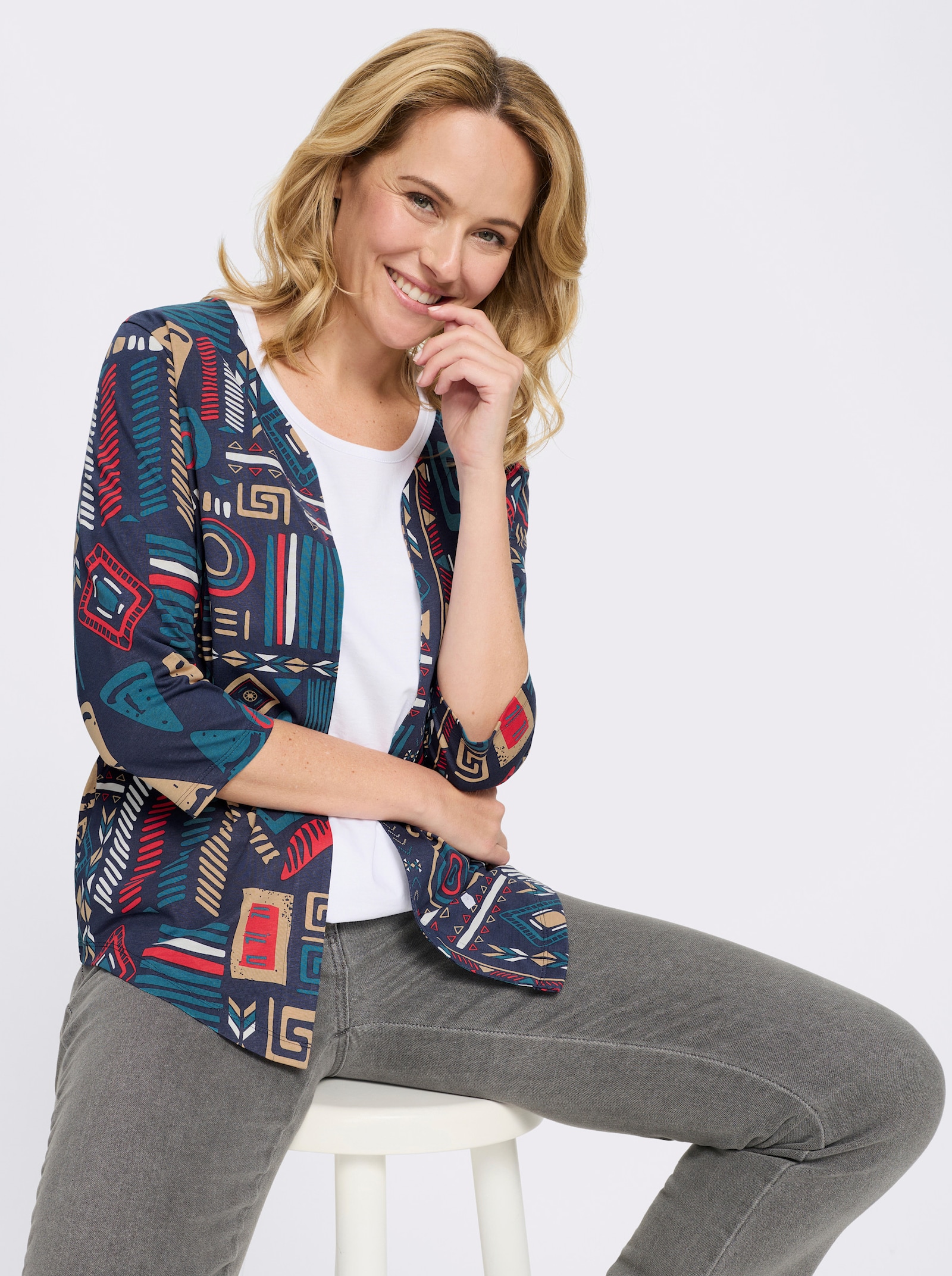 Shirtjacke mit zipfeligem Saum - marine-topas-bedruckt