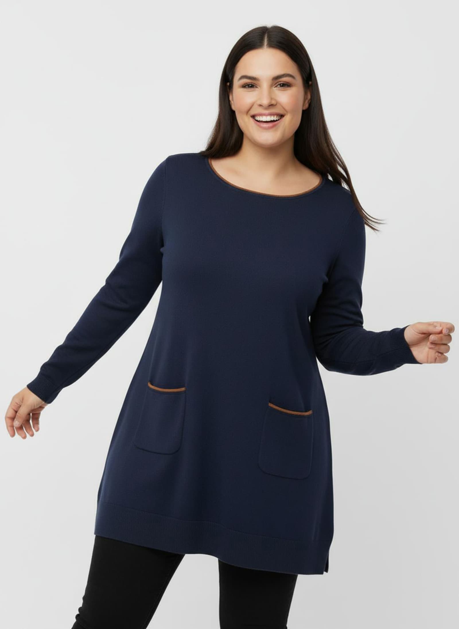 Longpullover mit Kontrast-Rollsaum - dunkelblau