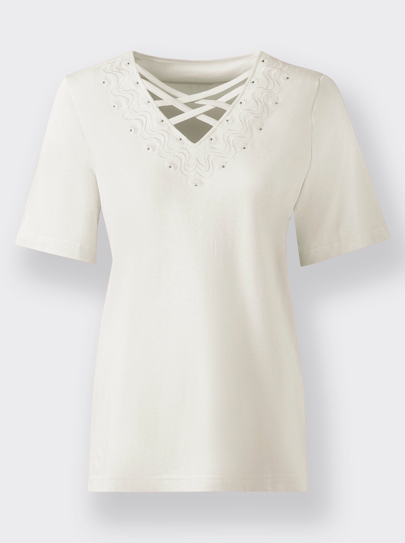 Kurzarmshirt mit Bänderverzierung - ecru