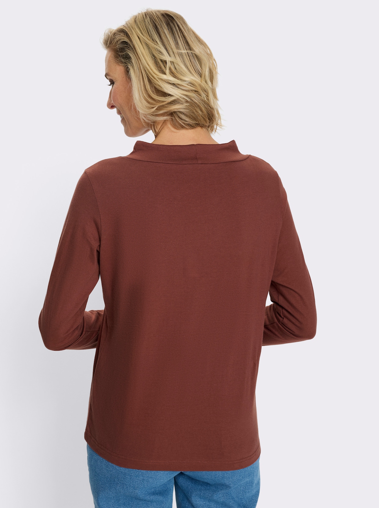 Langarmshirt mit Bindeband am Ausschnitt - rotbraun