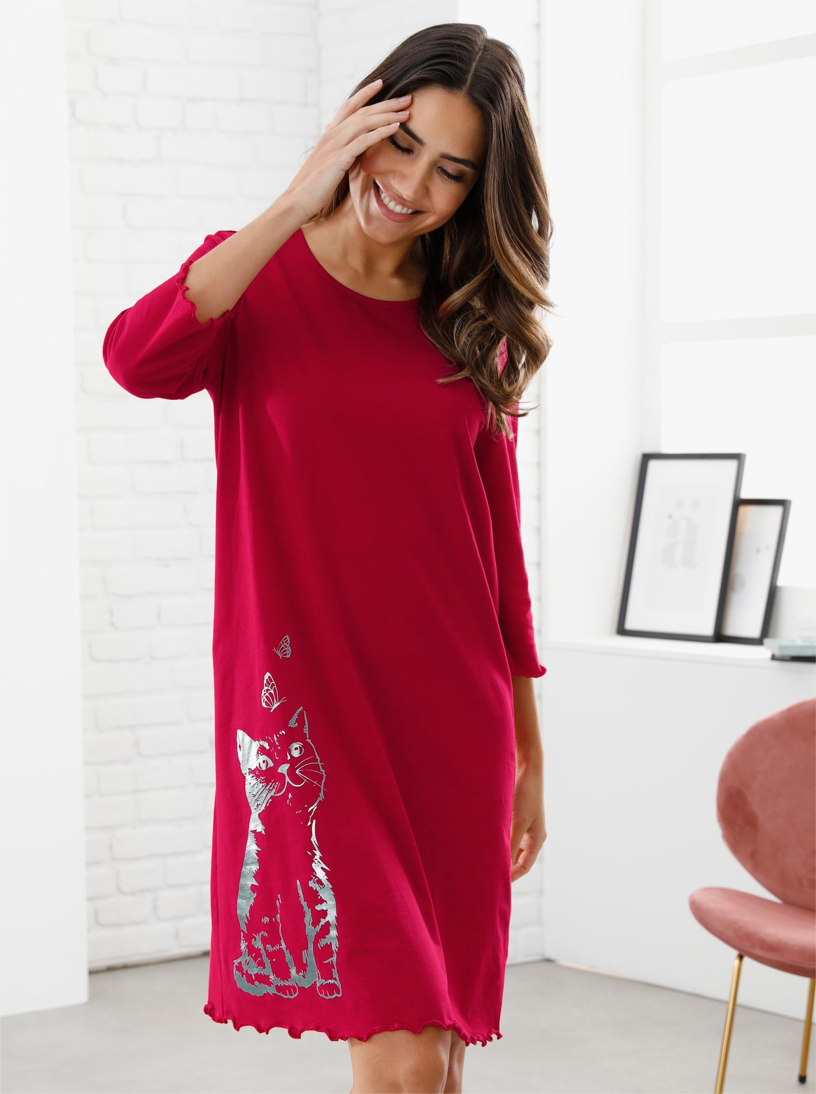 Nočná košeľa, mačacia potlač - červená