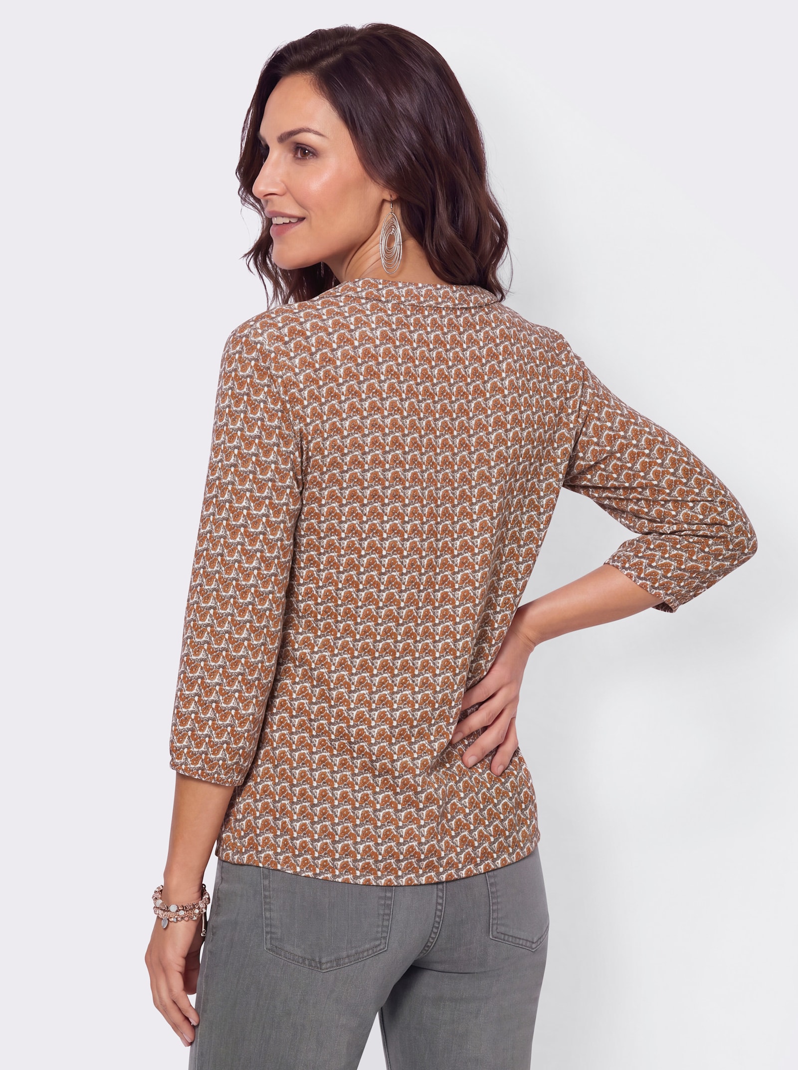 3/4-Arm-Shirt mit Gummizug am Ärmel - ecru-cognac-gemustert