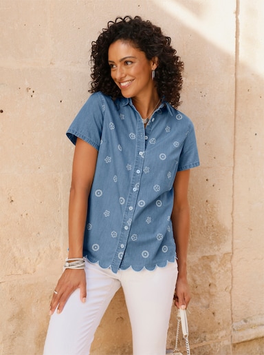 Jeansbluse mit gebogtem Saum - blue-bleached