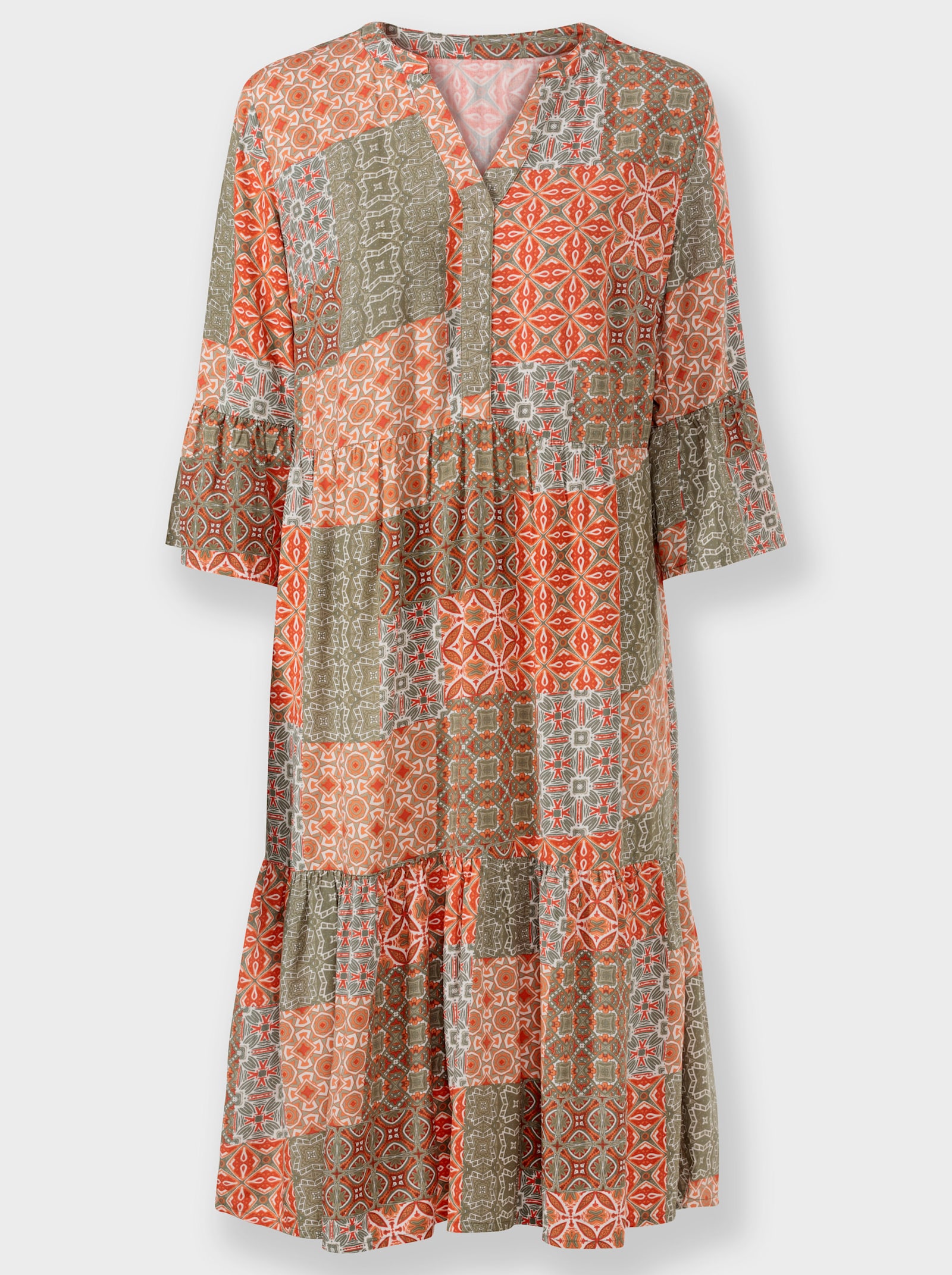 Druckkleid mit Volants - papaya-khaki-bedruckt