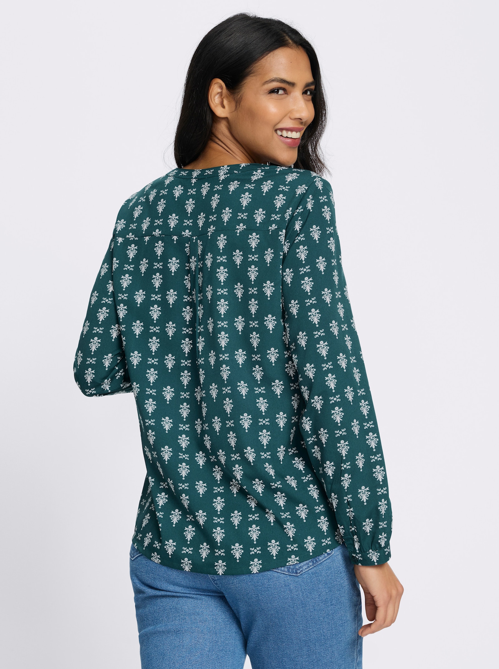 Schlupfbluse mit kurzer Knopfleiste - petrol-ecru-bedruckt