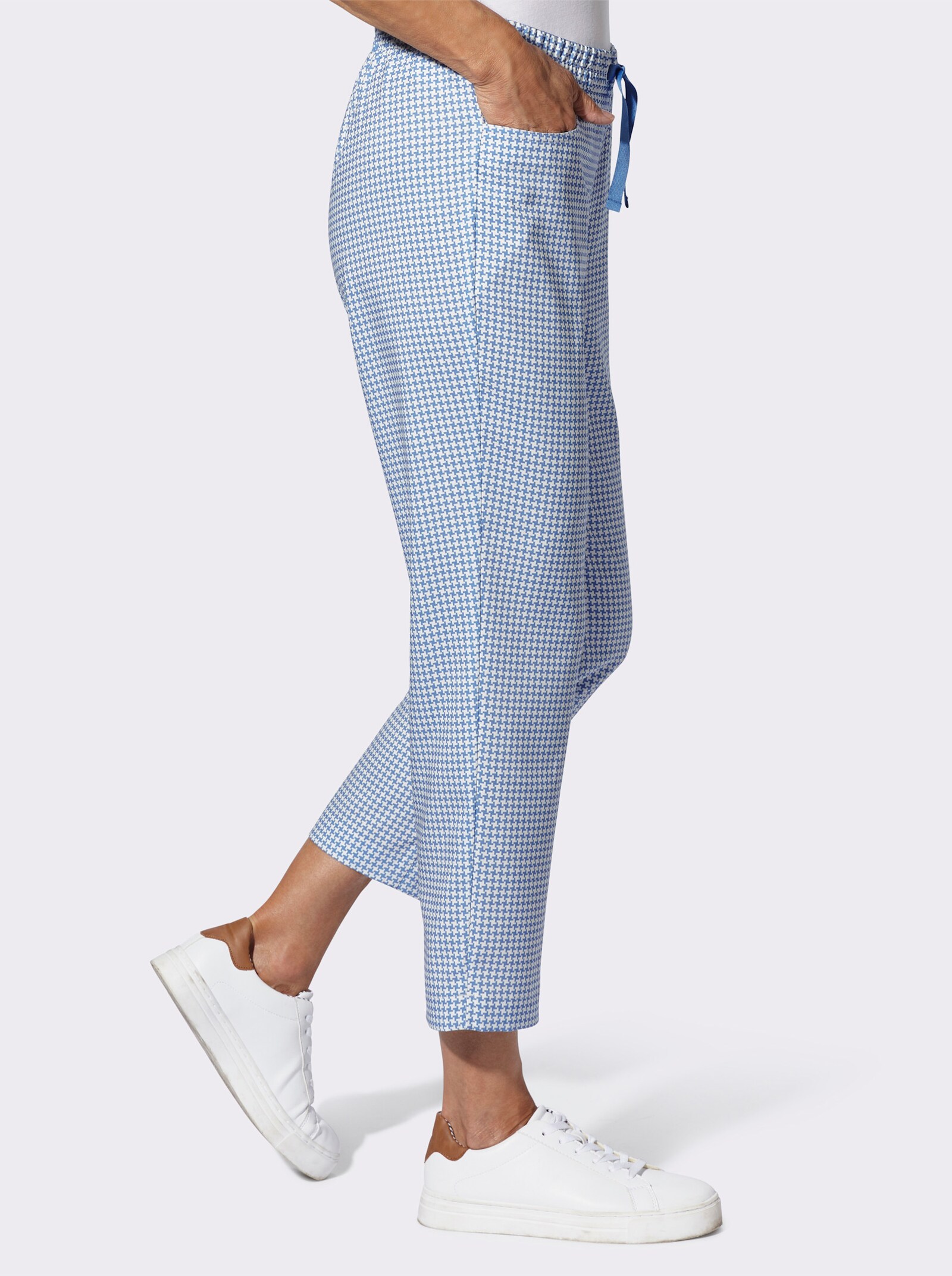 7/8-Hose in Schlupfform - mittelblau-ecru-bedruckt