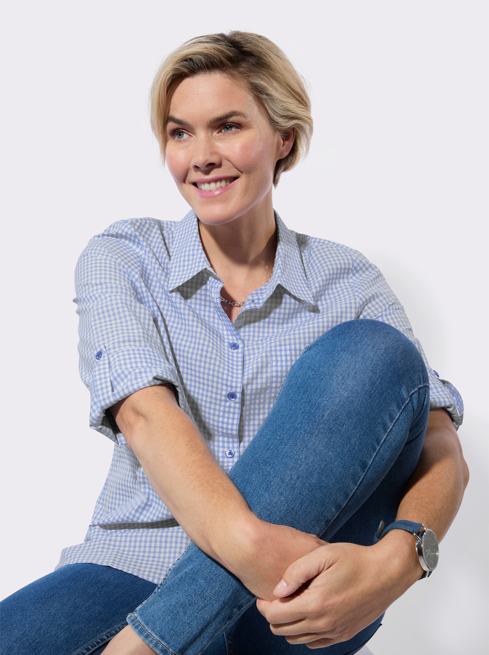 Longbluse im pflegeleichten Materialmix - himmelblau-weiss-kariert