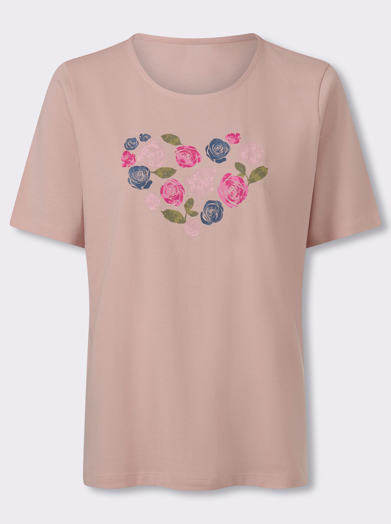 Kurzarmshirt mit Herz-Motiv aus Blüten - puder-fuchsia