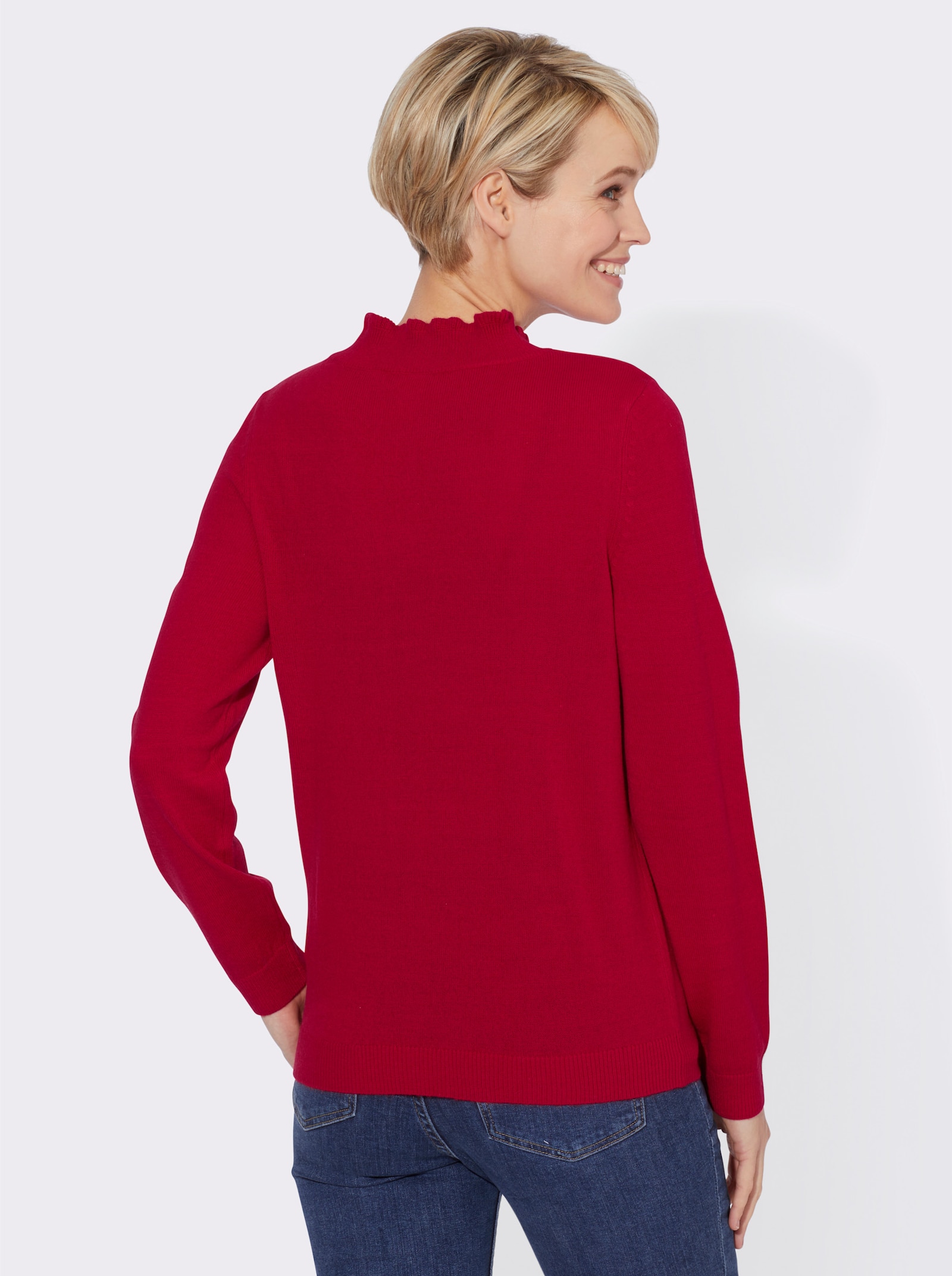 Stehkragenpullover mit Rüschen-Ausschnitt - rot