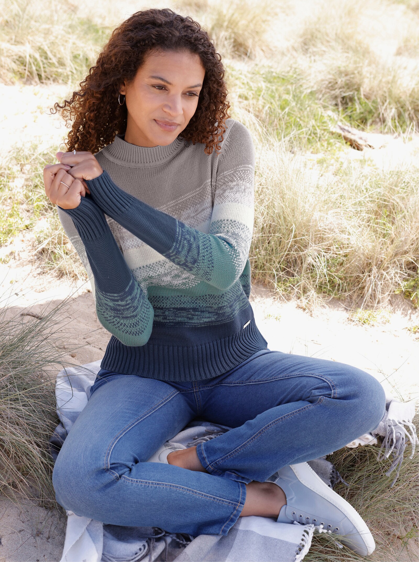  Stehkragenpullover mit Rippabschlüssen - steingrau-jade-geringelt