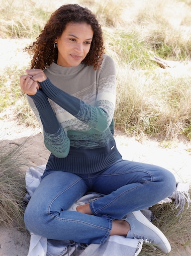  Stehkragenpullover mit Rippabschlüssen - steingrau-jade-geringelt
