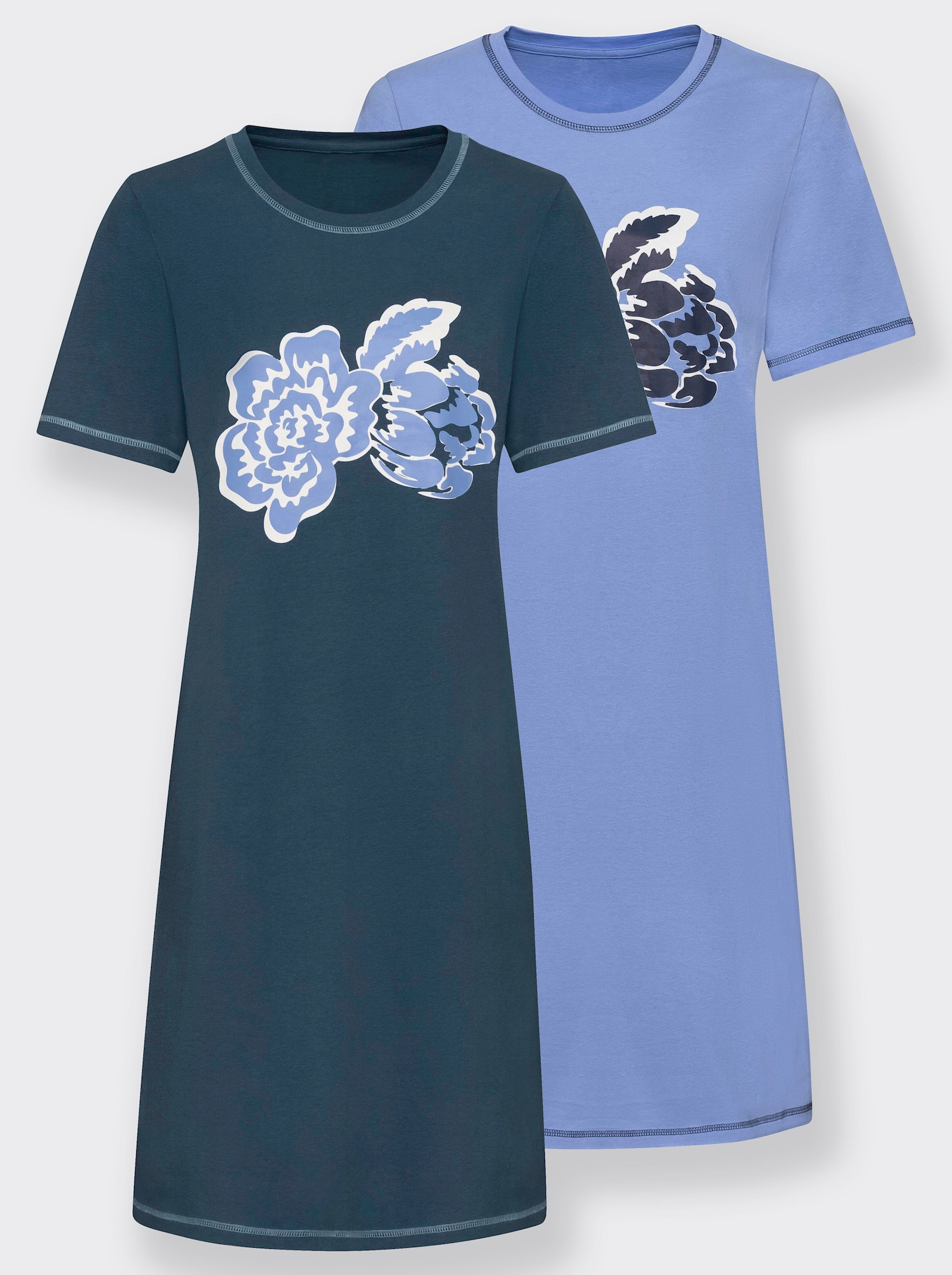 Nachthemden mit platziertem Blüten-Druck - blau + marine