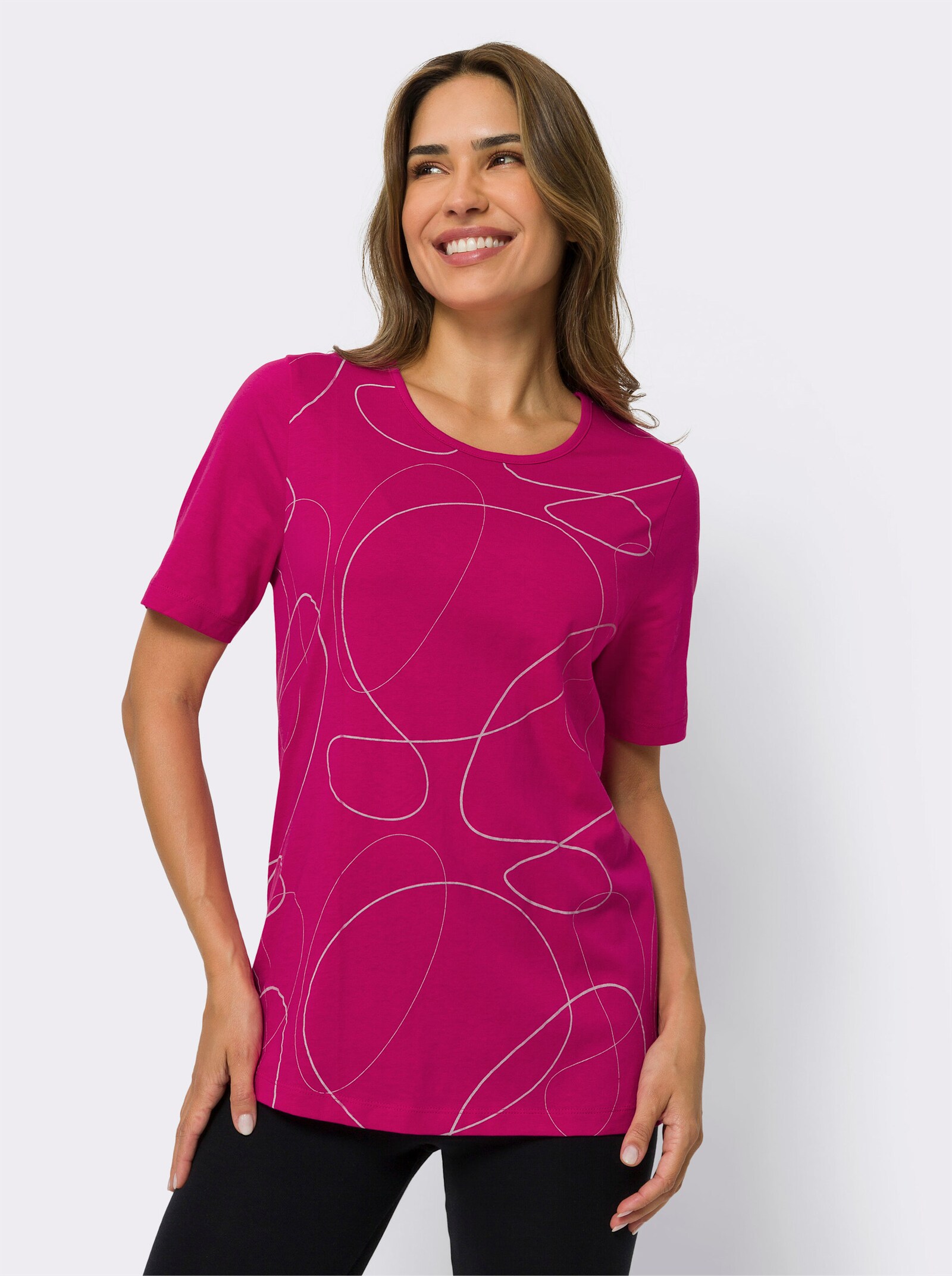  Tričko pro volný čas z bavlny - fuchsiová-světlešedá-potisk