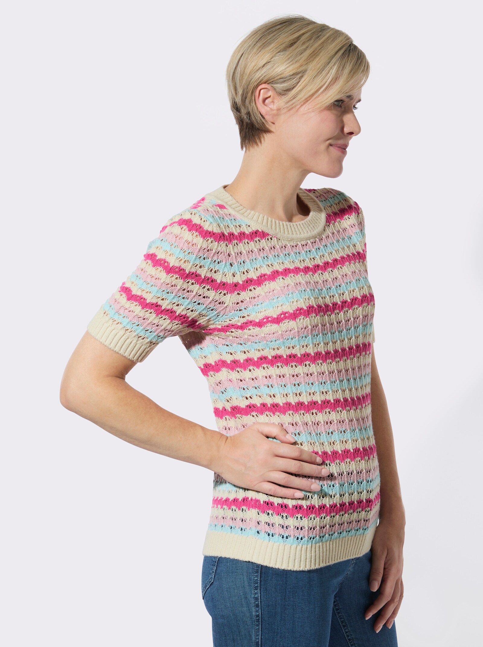 Ajourpullover mit Ringel-Muster - sand-fuchsia-geringelt
