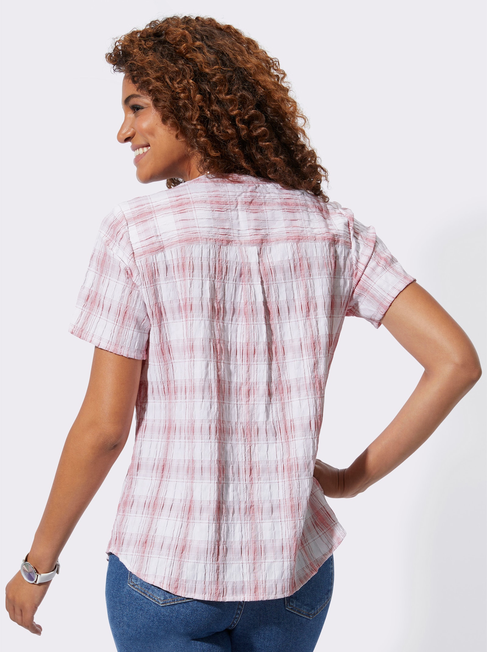 Karobluse aus bügelfreiem Seersucker - erdbeere-ecru-kariert