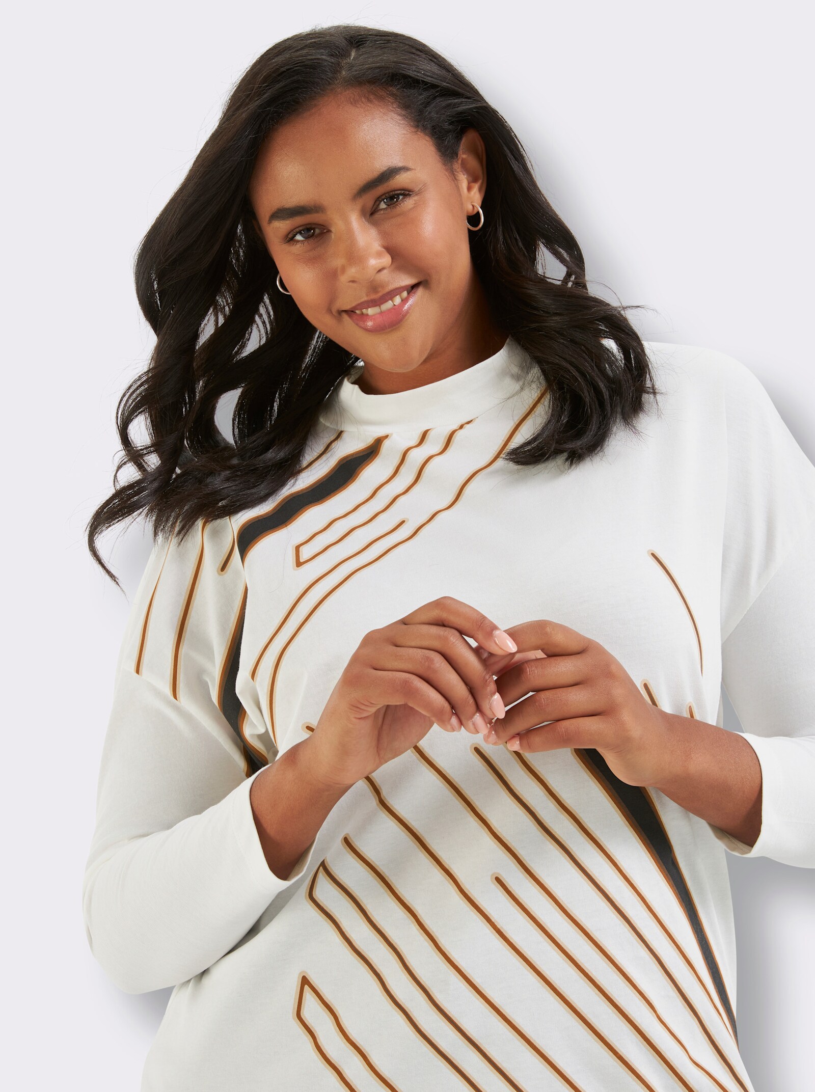Stehkragenshirt aus reiner Baumwolle - ecru-schoko-bedruckt