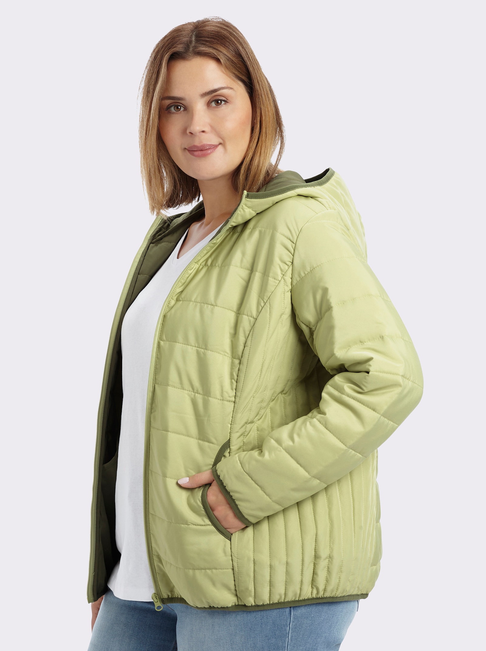 Steppjacke mit Kontrast-Paspeln - lindgrün-khaki