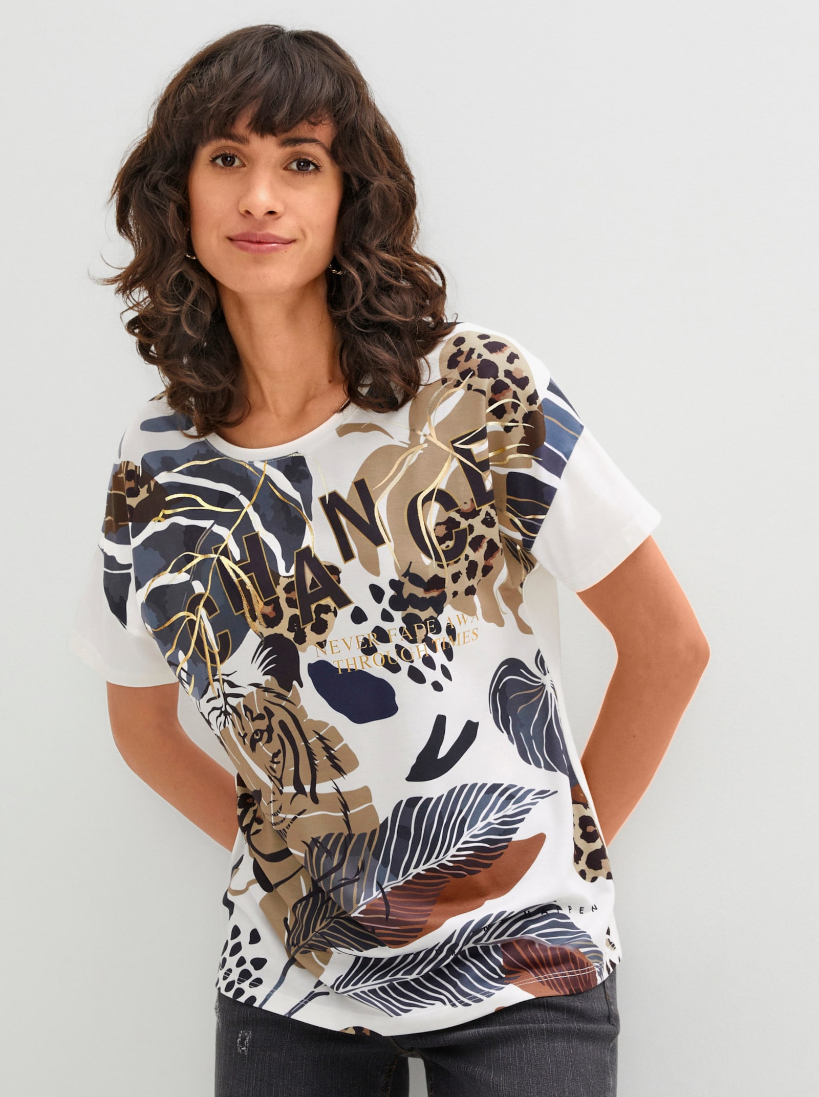 Kurzarmshirt in Baumwoll-Qualität - weiß-marine-bedruckt