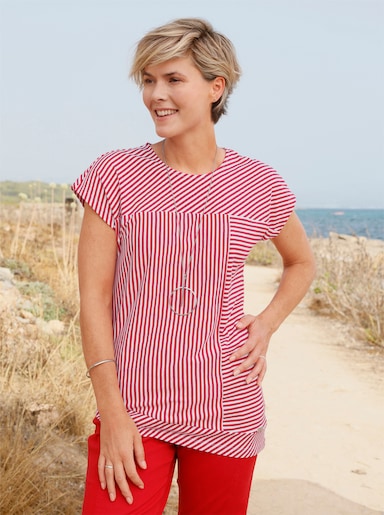 Rundhalsshirt mit asymmetrischem Saum - erdbeere-weiß-geringelt