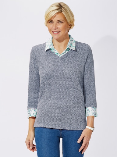 2-in-1-Shirt aus Bouclé, mit Blusenstoff - jeansblau-meliert
