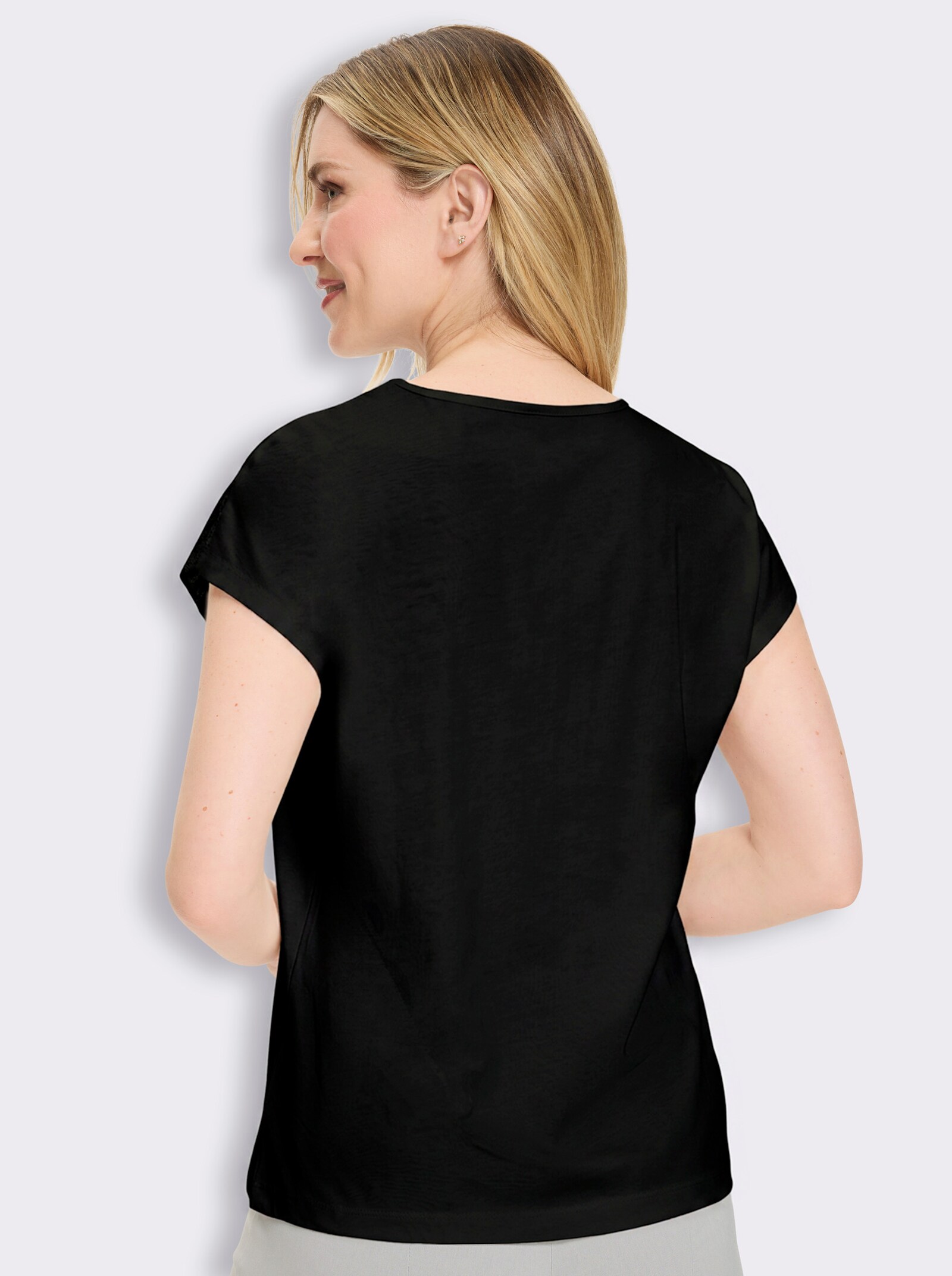 Rundhalsshirt mit Spitzeneinsatz - schwarz