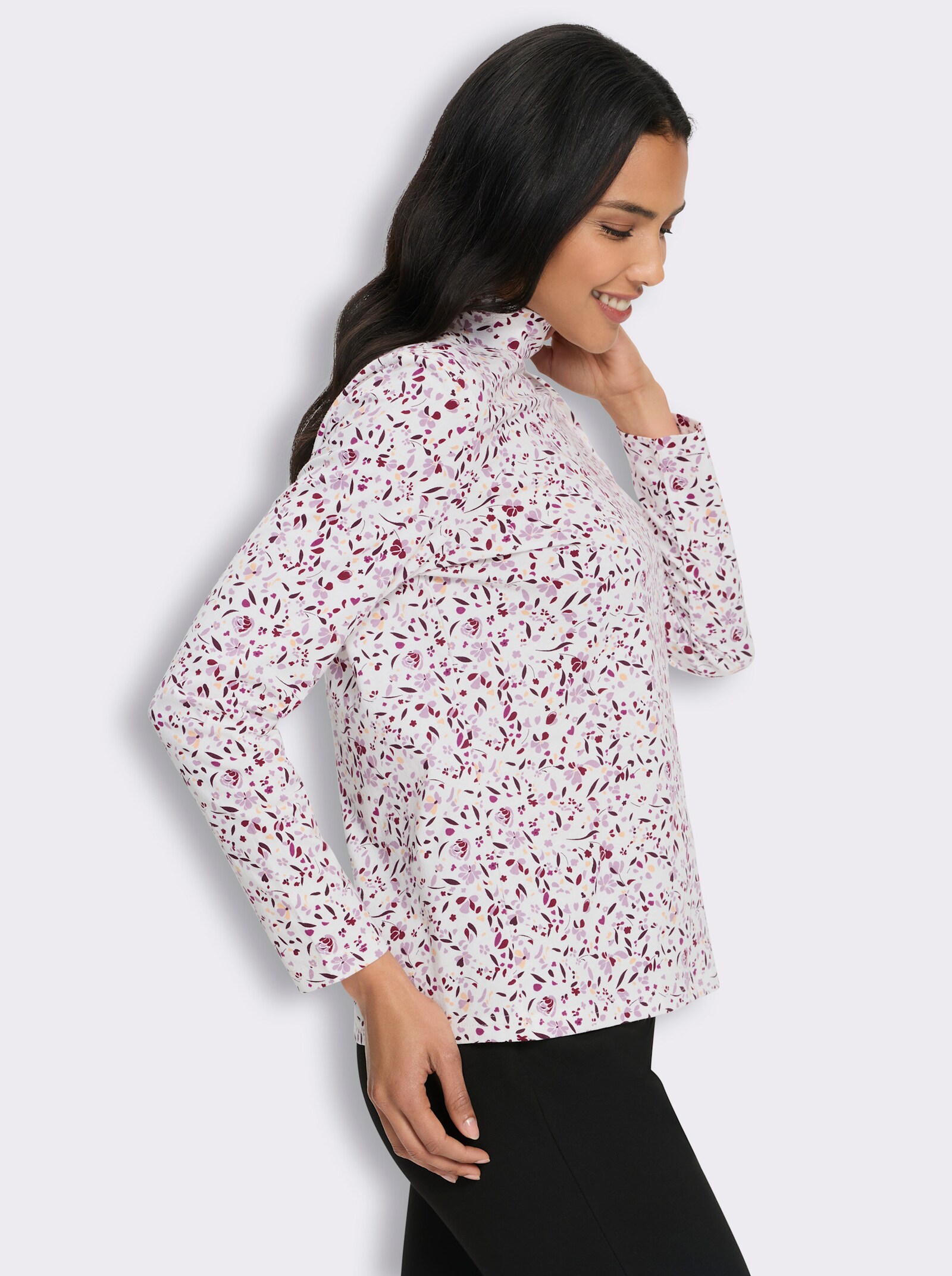 Stehkragenshirt in floralem Dessin - ecru-burgund-bedruckt