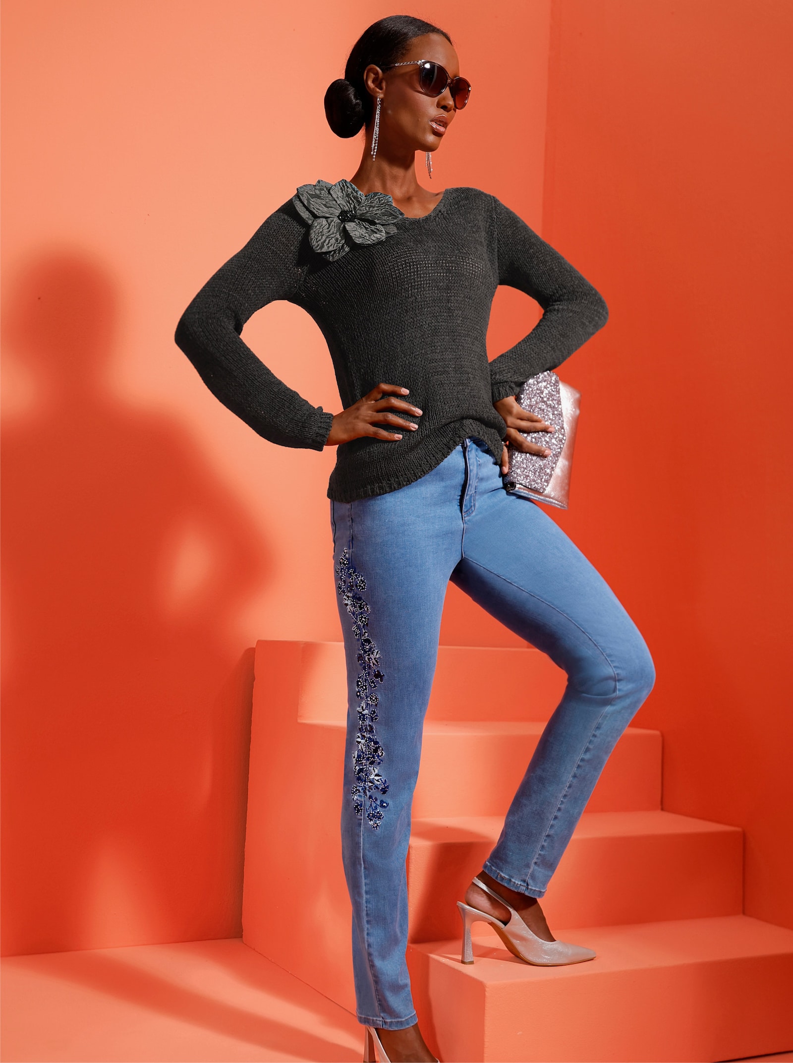 Ajourpullover mit Lyocell - graphit