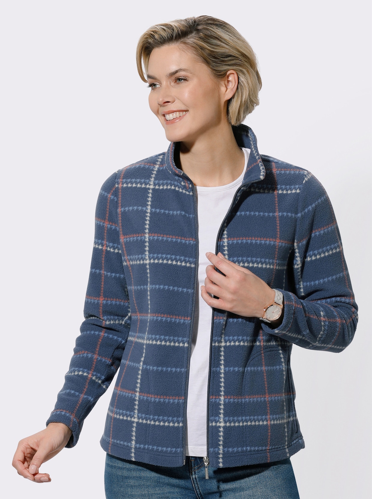 Fleecejacke - rauchblau-sand-kariert