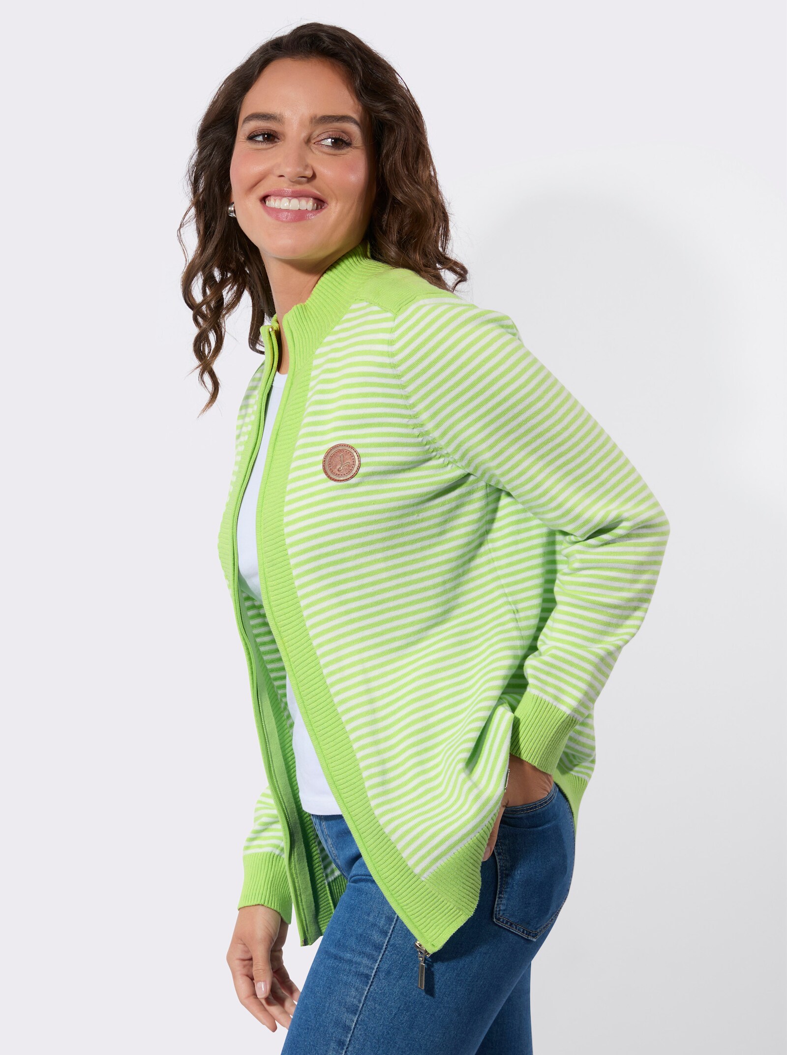 Strickjacke mit gerippten Einsätzen - reseda-weiß-geringelt