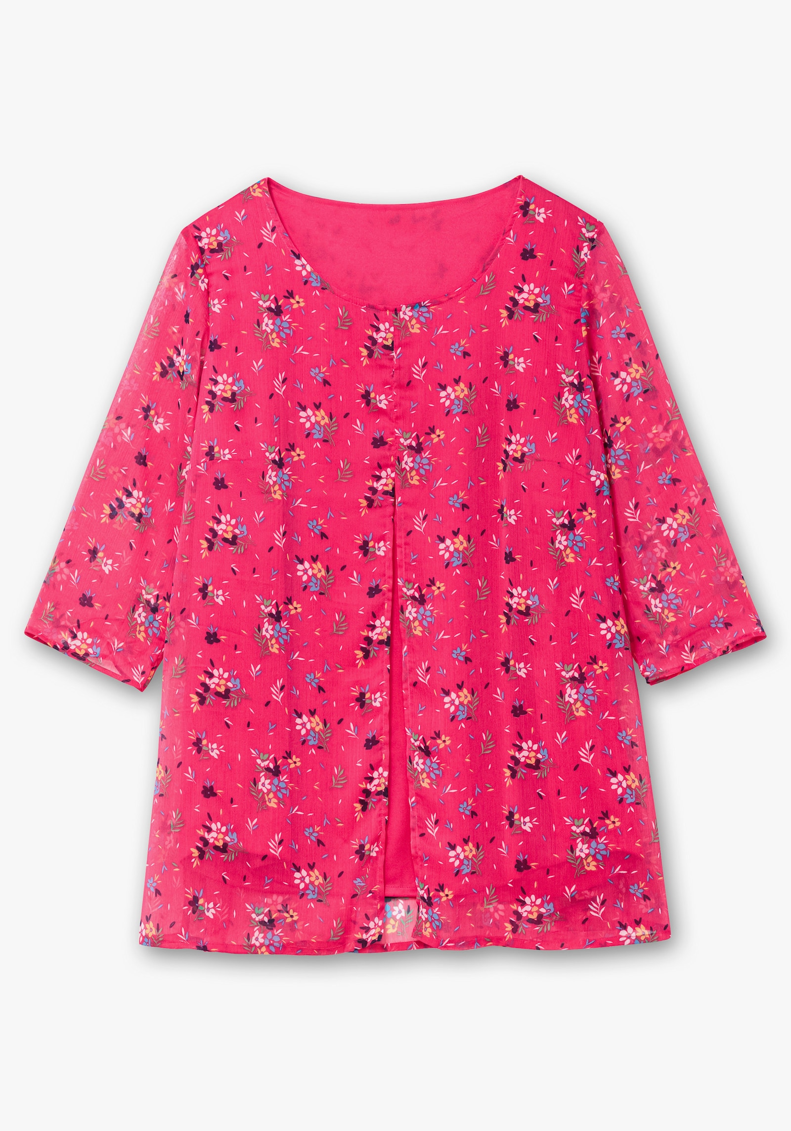 Longbluse im Lagenlook mit Chiffon - pink-marine-bedruckt