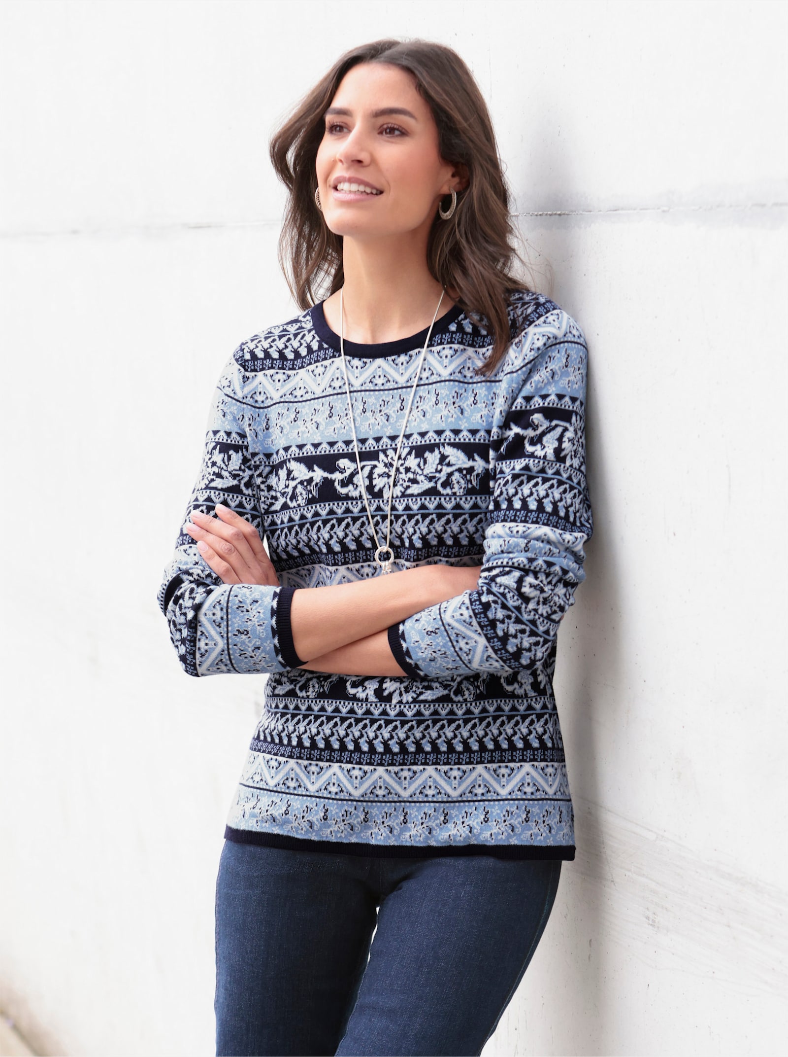 Jacquardpullover aus reiner Pima-Baumwolle - marine-bleu-gemustert