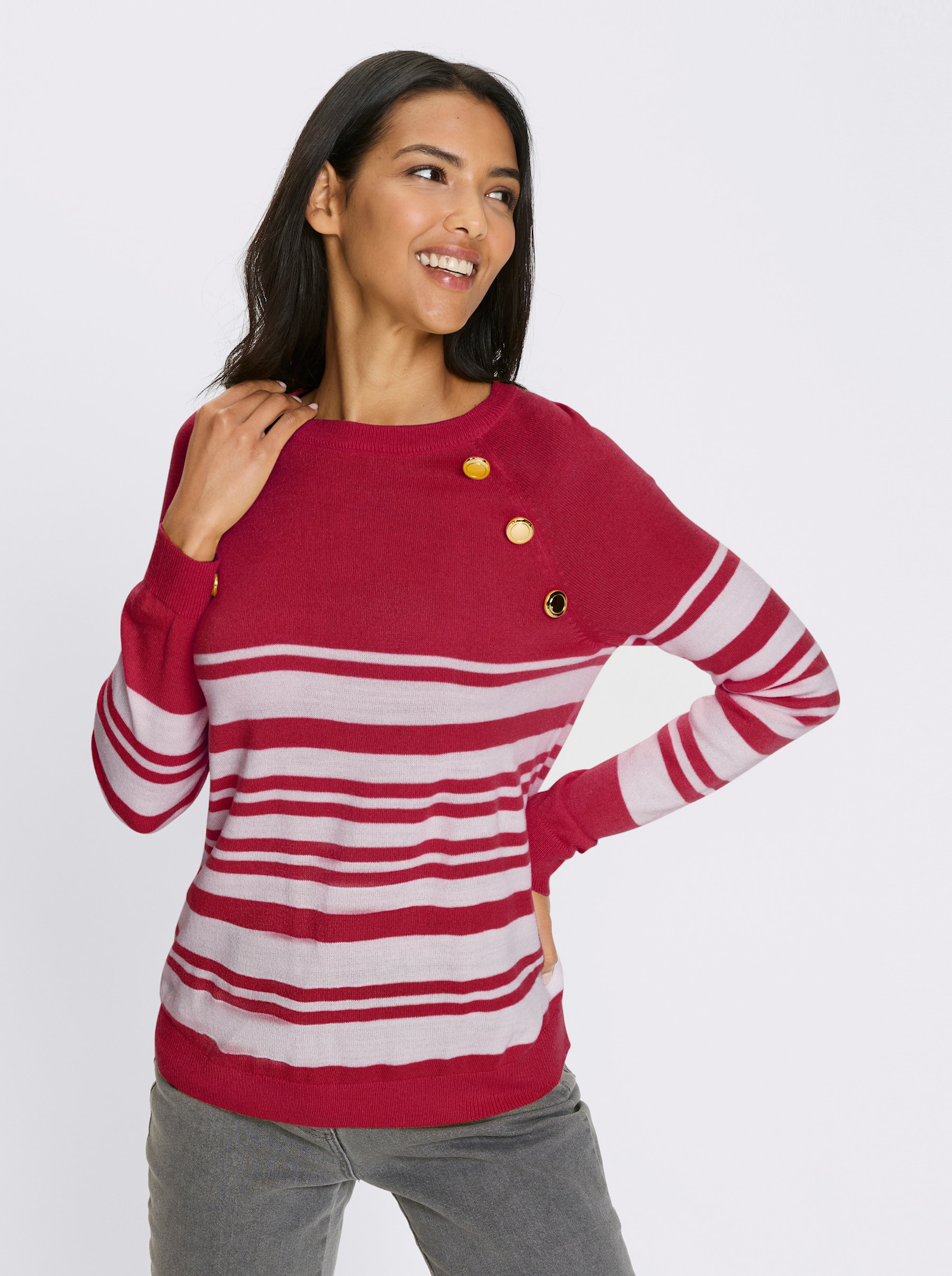 Langarm-Pullover mit goldfarbenen Knöpfen - rot-weiß-geringelt