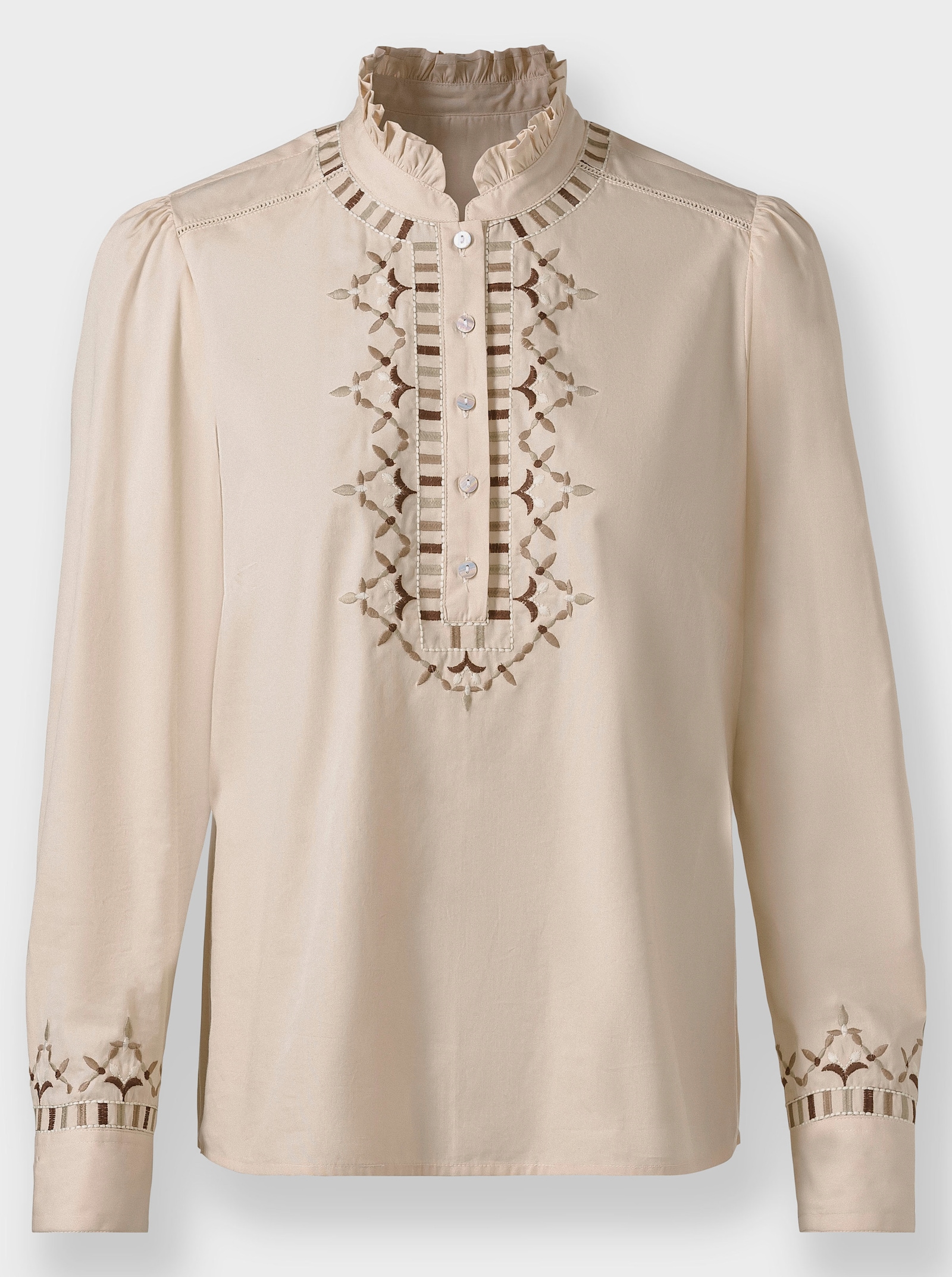 Baumwollbluse mit Rüschen am Stehkragen - elfenbein-gemustert