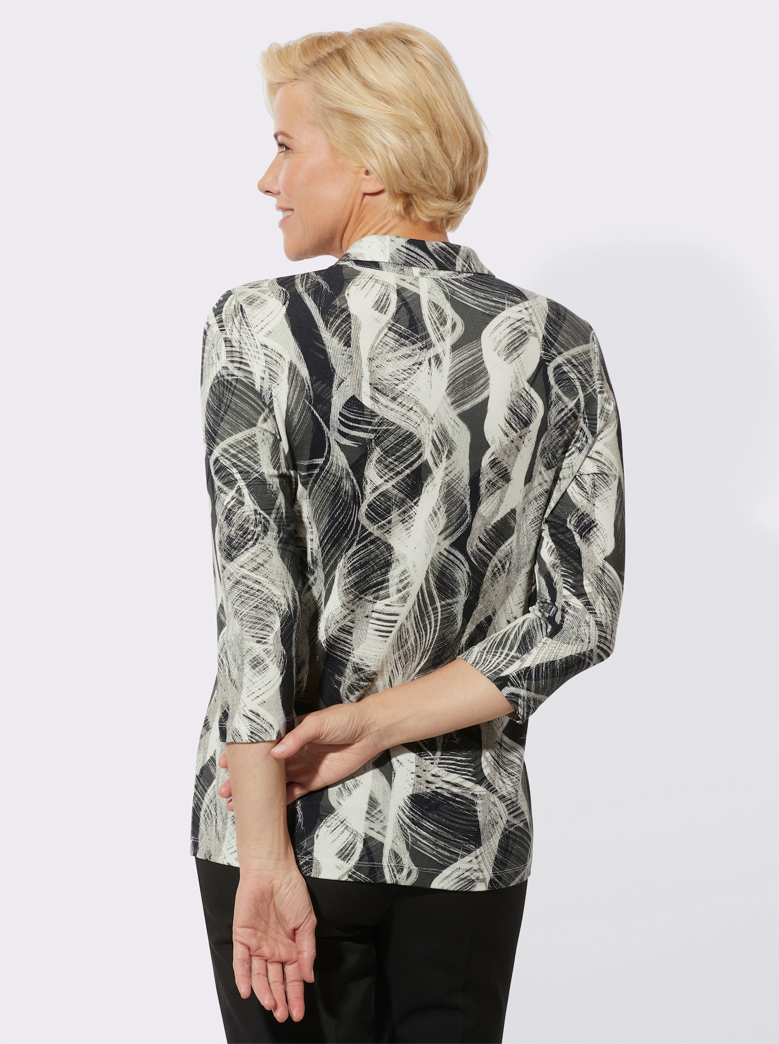 Poloshirt met korte, zilverkleurige rits - zwart/ecru geprint