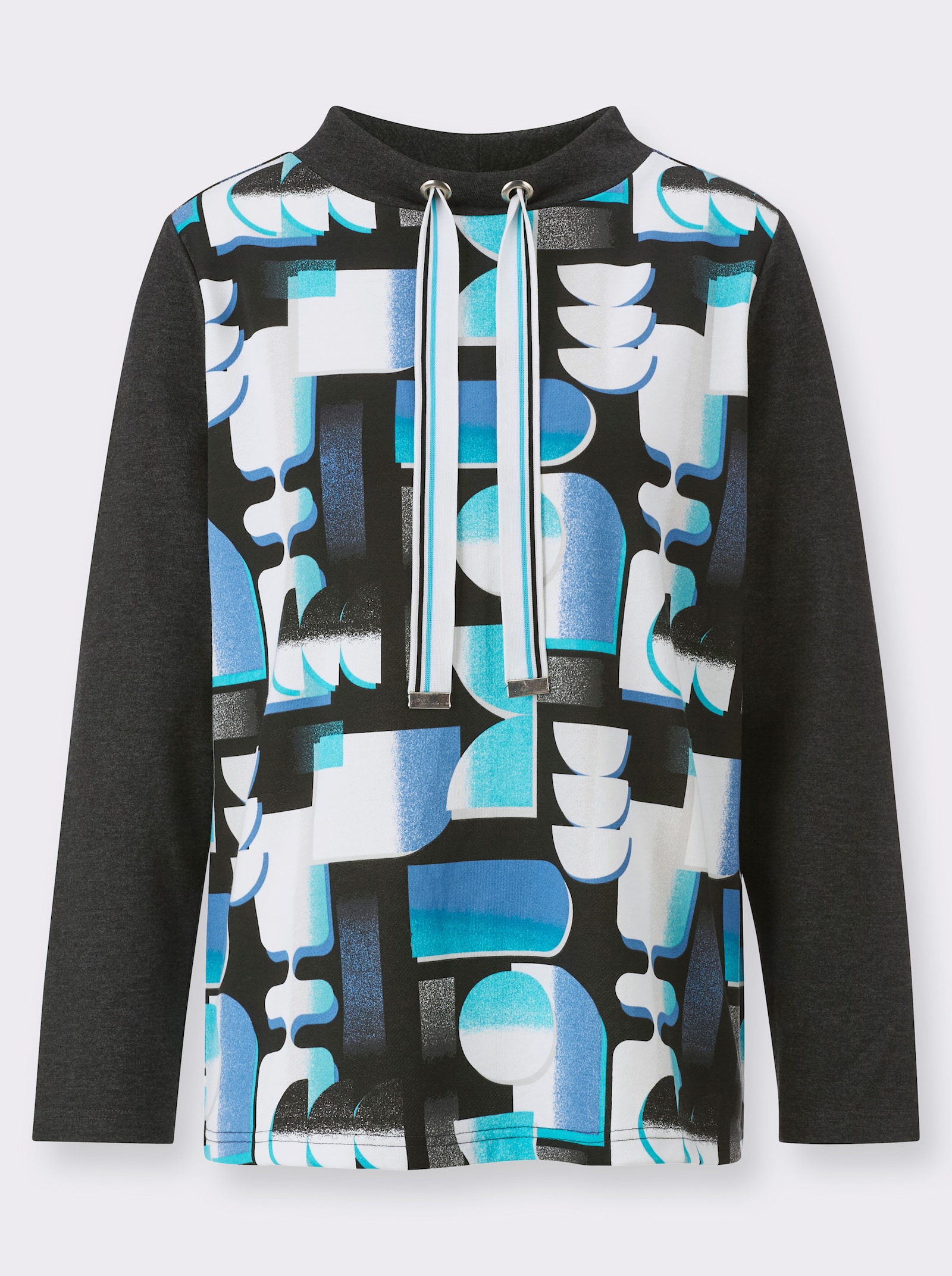 Mikina se stojáčkem a tunýlkem - tyrkysová-černá-potisk