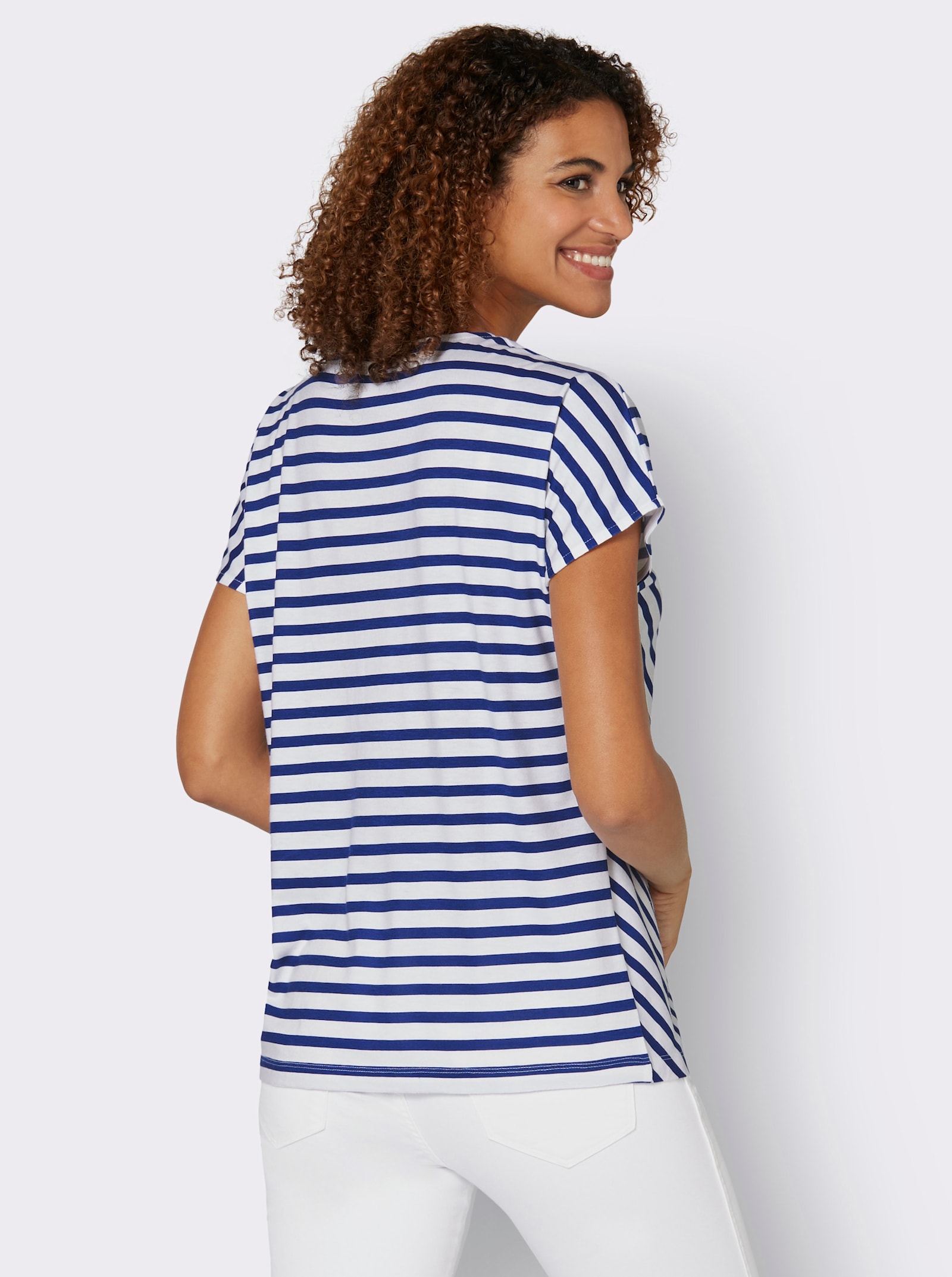 Proužkované tričko se zakrytými rameny - královská modrá-bílá-proužek