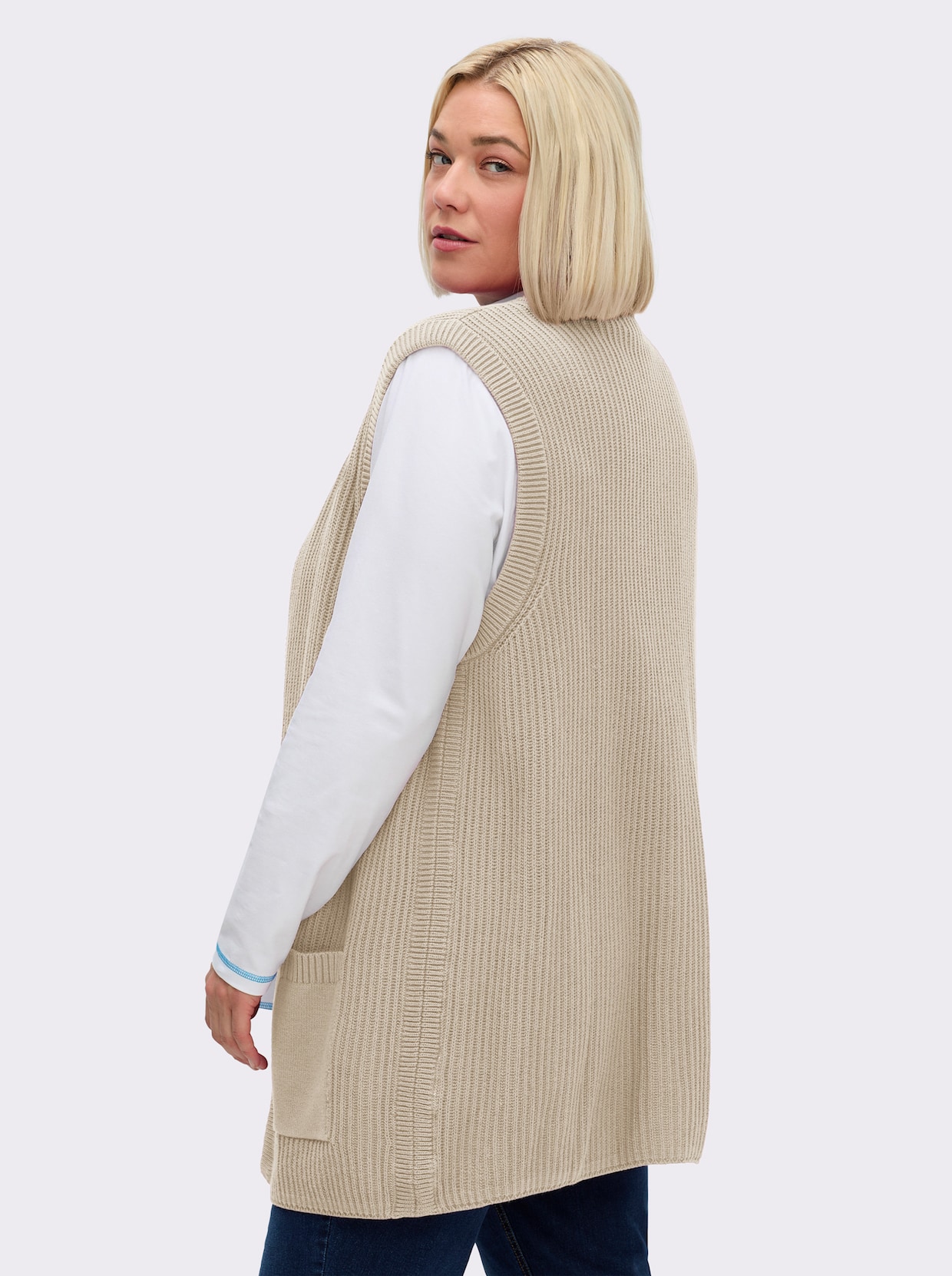 Strickweste in Longform, gerippt - sand