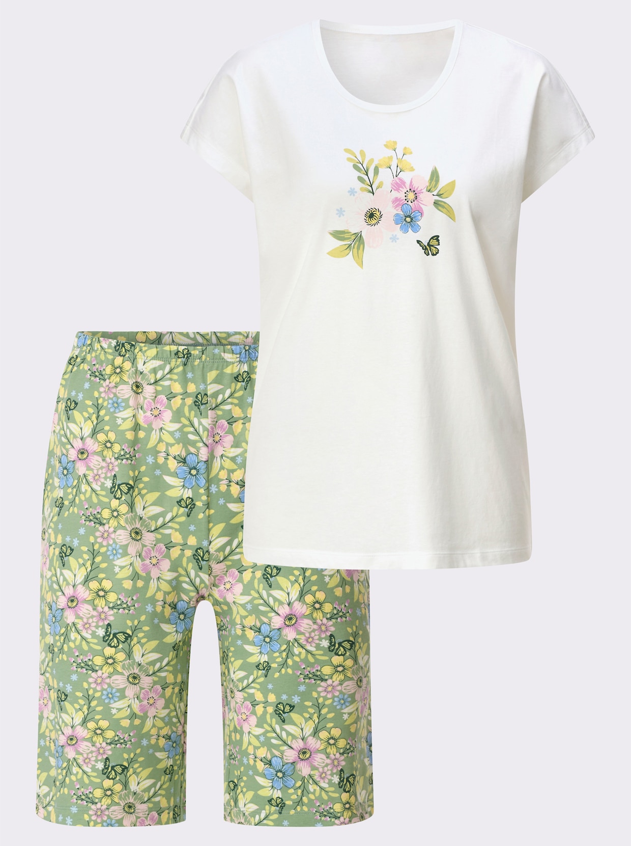 Kortärmad pyjamas i blommönster - ecru-eukalyptus, med tryck