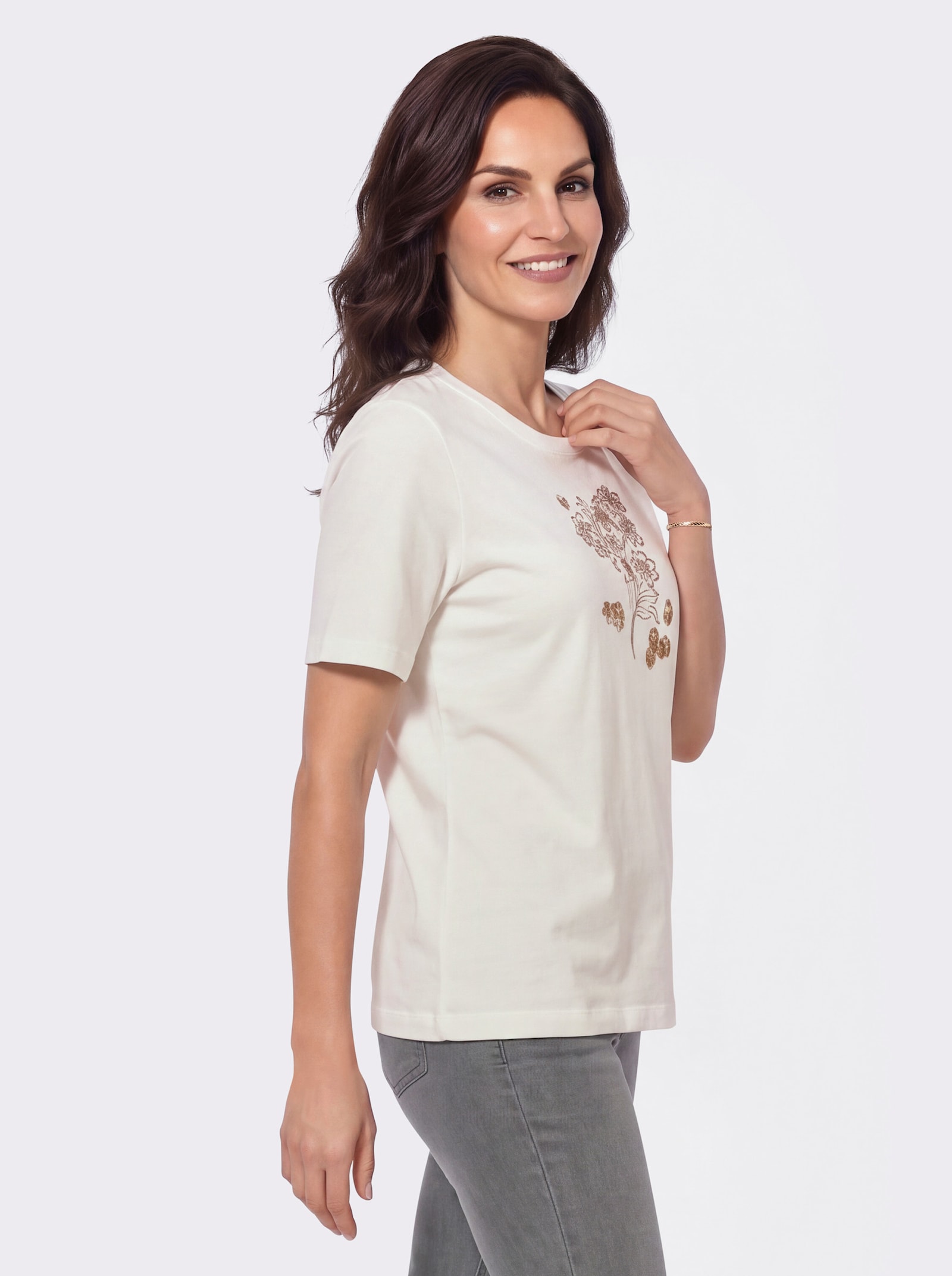 Rundhalsshirt mit Blütendruck vorne - ecru-schoko