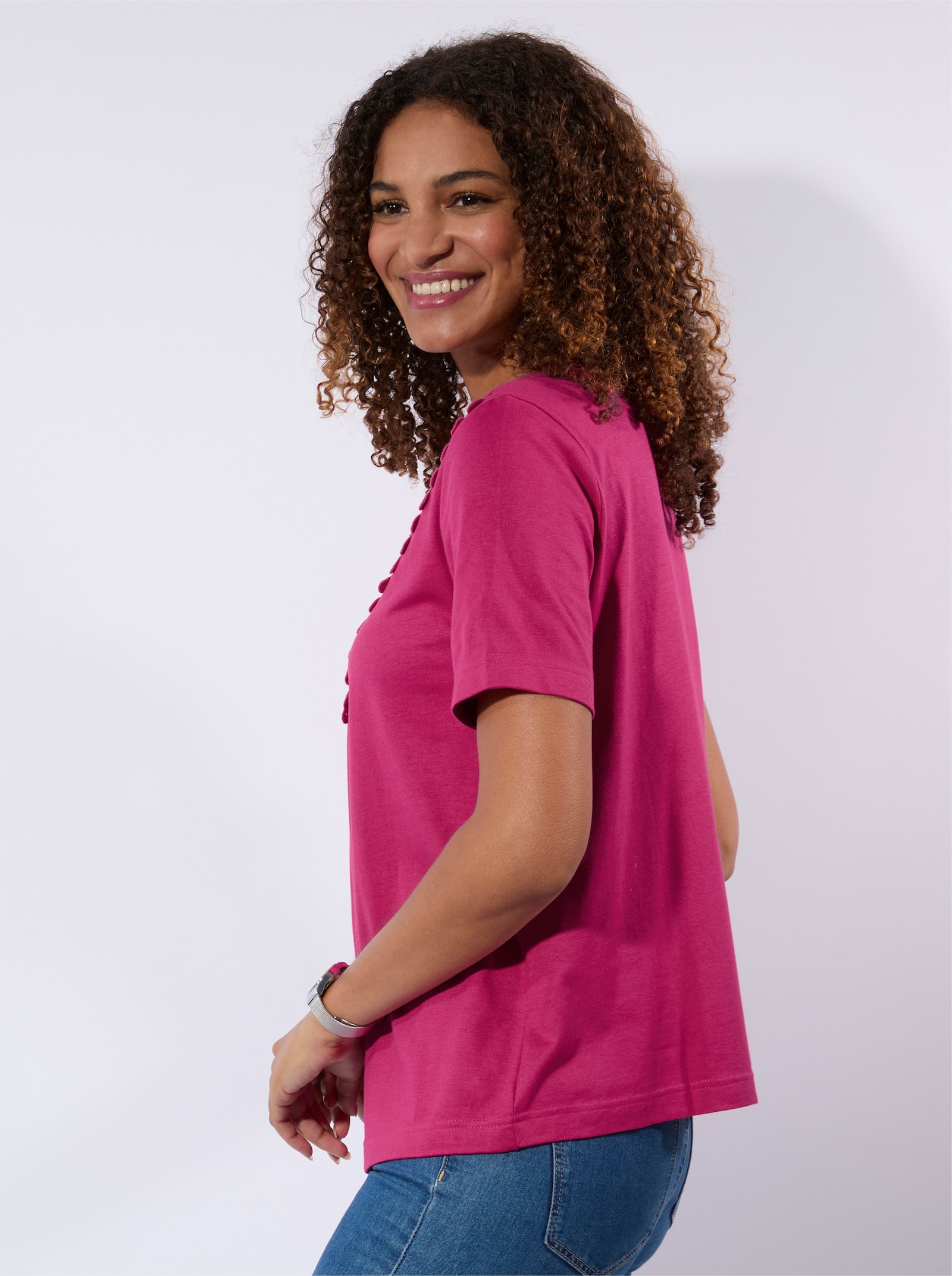 Kurzarmshirt mit Stickerei - fuchsia