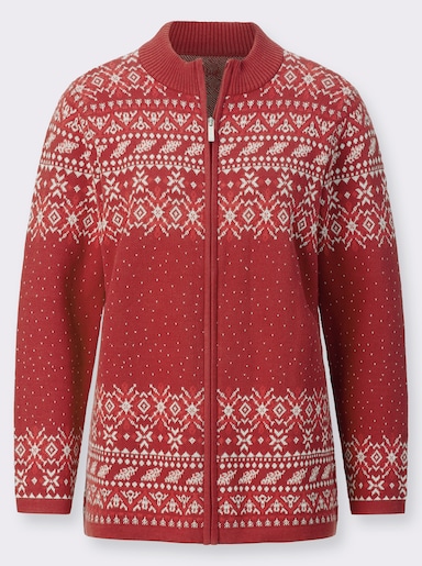 Jacquardstrickjacke im Norweger-Stil - kirsche-ecru-gemustert