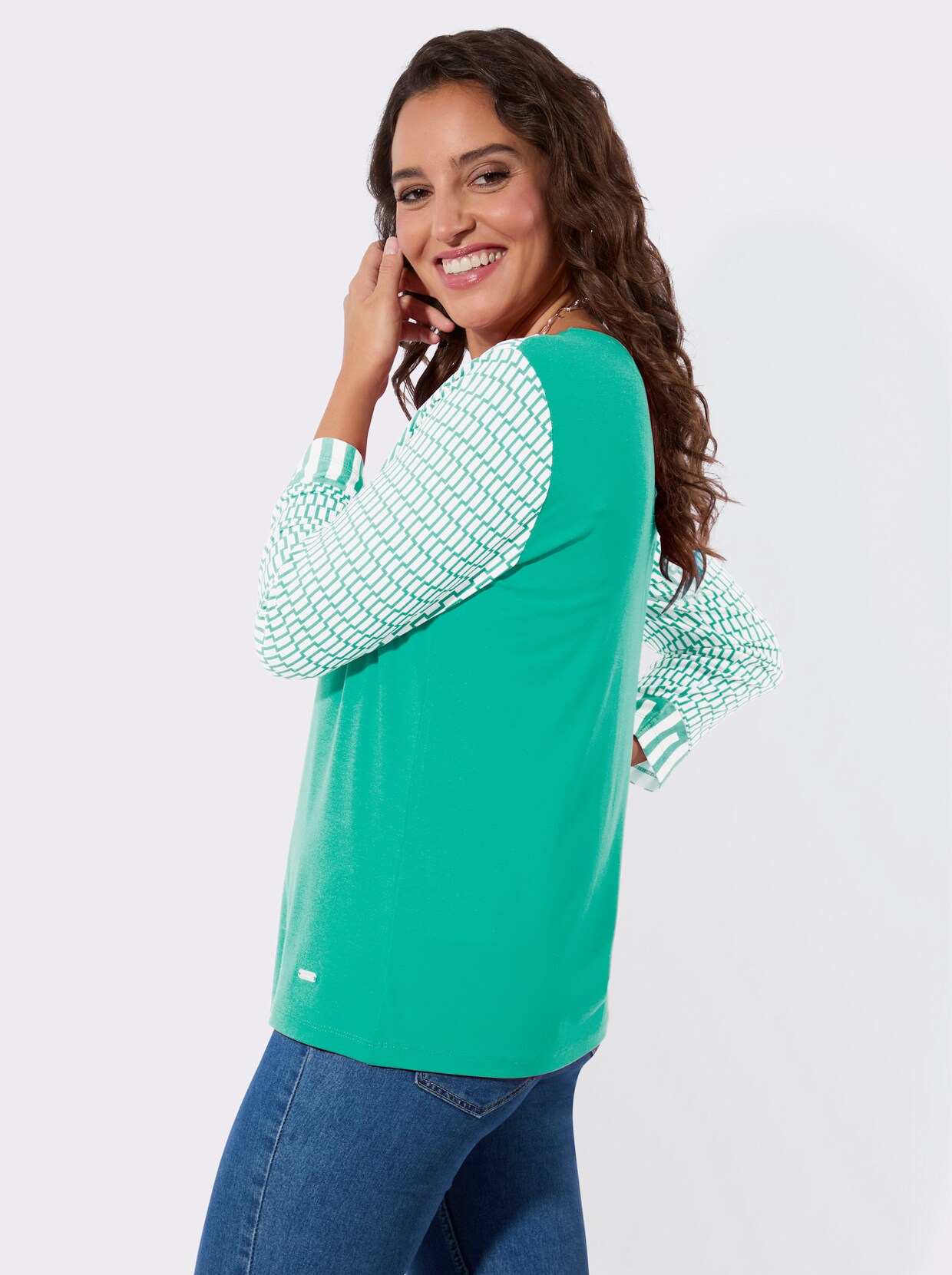 3/4-Arm-Shirt - blaugrün-ecru-bedruckt