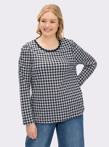Rundhalsshirt mit Hahnentritt-Muster - schwarz-weiß-gemustert