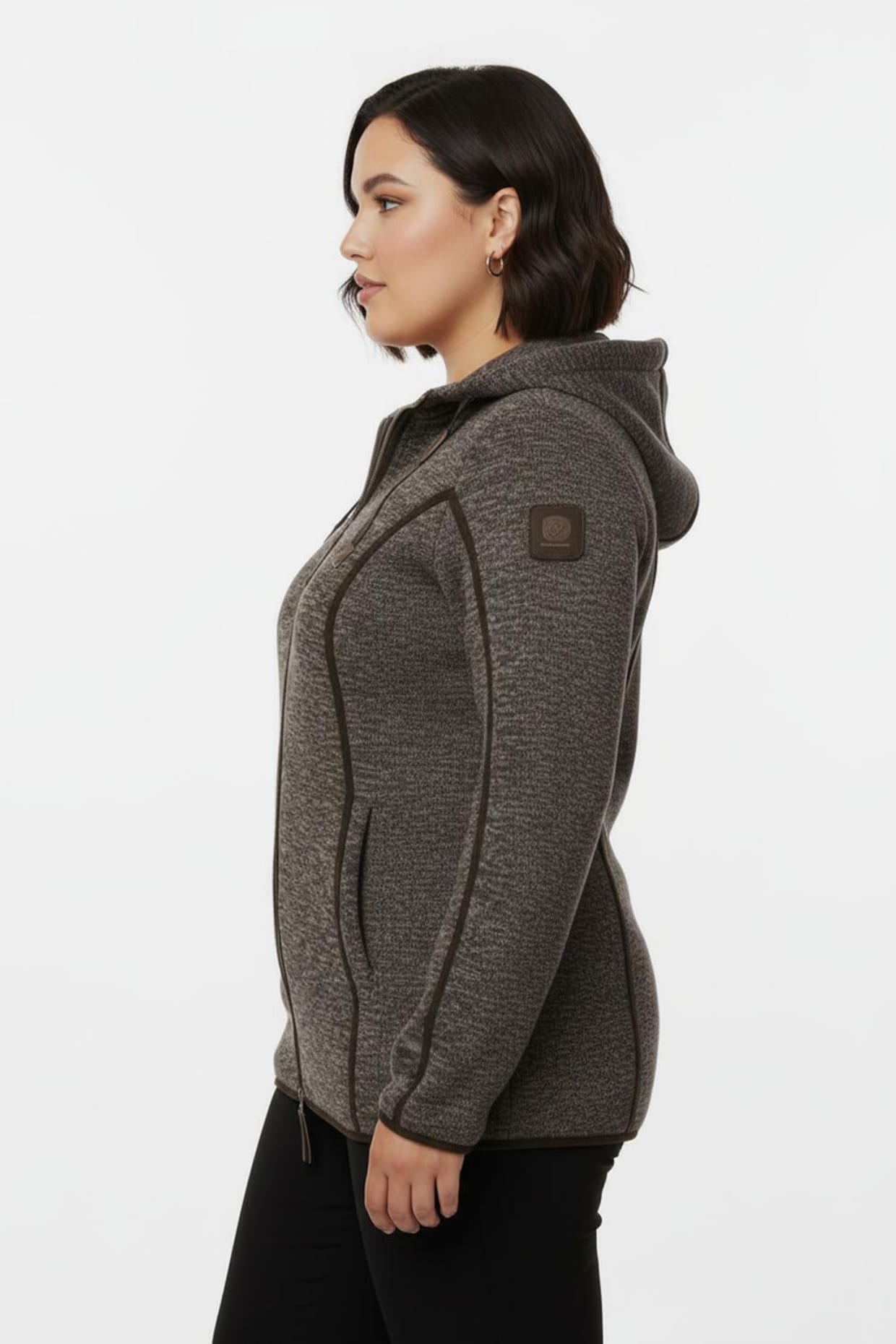 Kapuzenfleecejacke mit Umlegekragen - mokka-meliert