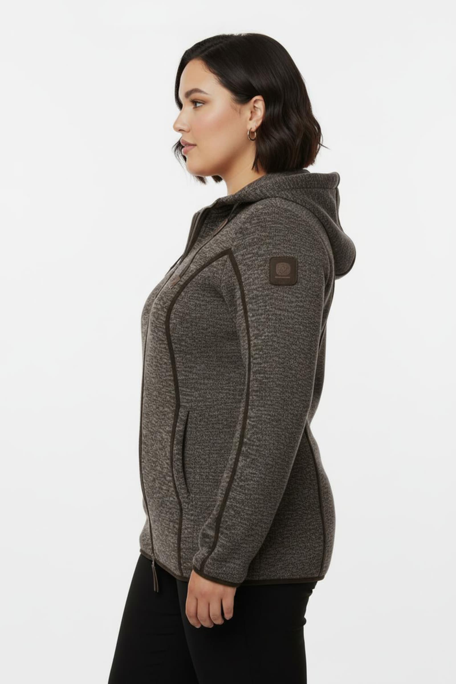 Kapuzenfleecejacke mit Umlegekragen - mokka-meliert